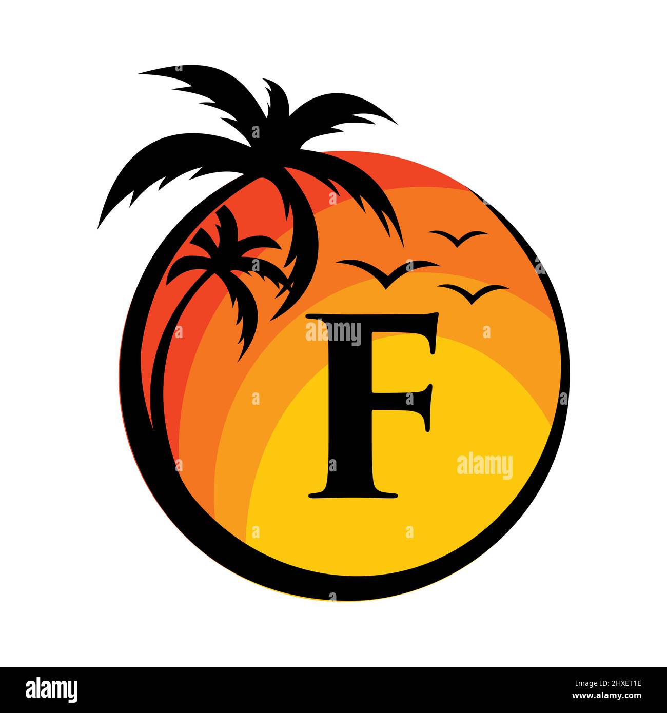 Logo de plage sur l'affiche vectorielle lettre F. Vacances d'été sur la plage tropicale avec le logo F. Sunset Summer Travel logo Plage, Mer, Sunset logo Design Illustration de Vecteur