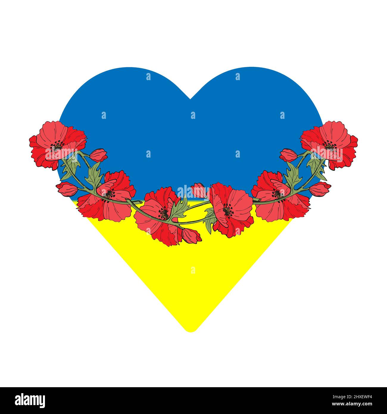 Coeur Ukraine bleu jaune sorcière rouge pavot. Pas DE GUERRE. Sauvez l'Ukraine, drapeau de l'Ukraine et une couronne de coquelicots rouges sur la tête. Illustration vectorielle Illustration de Vecteur