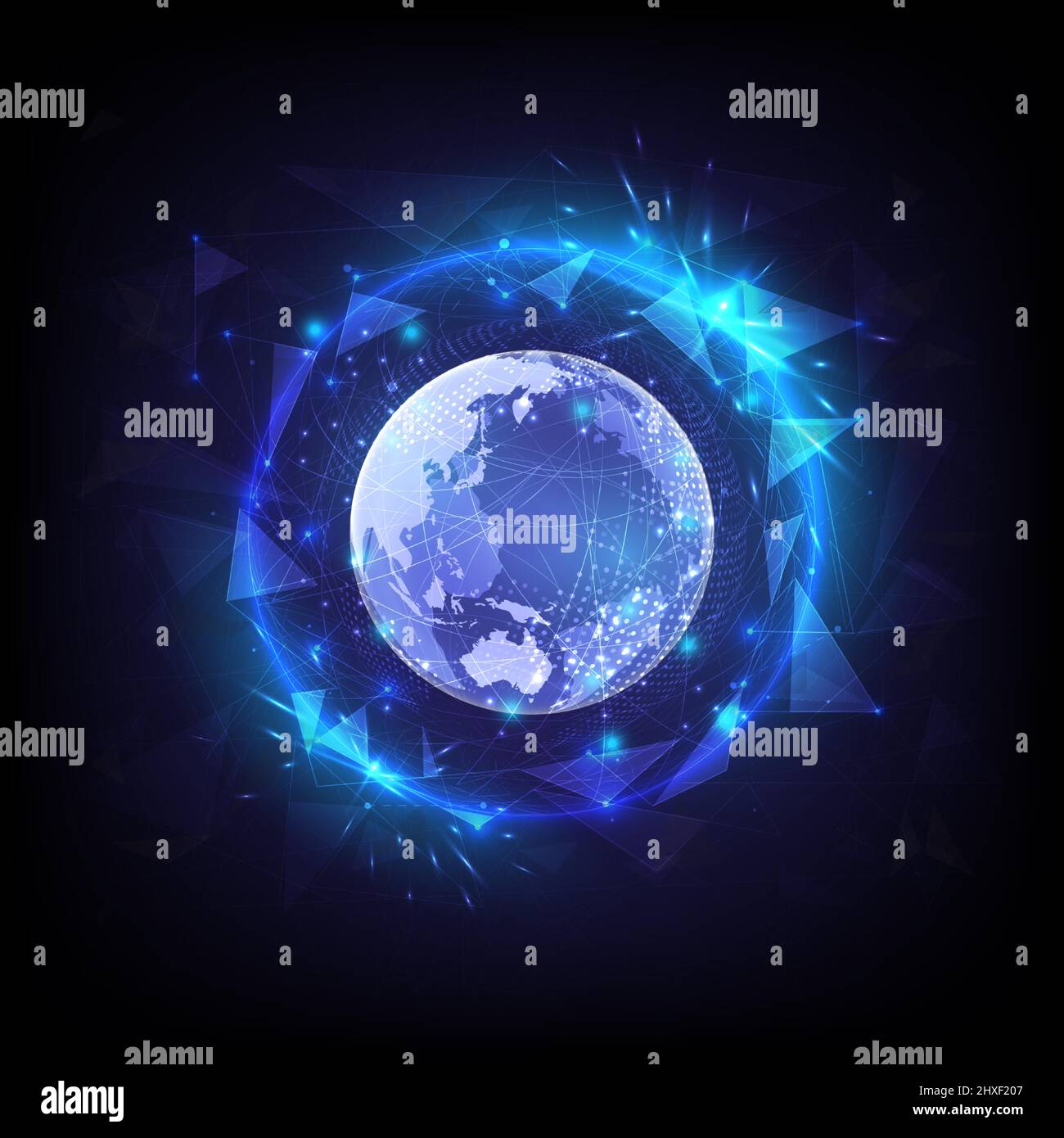 Fond polygonal. Sécurité vie privée coffre-fort. Sphère lumineuse de l'hexagone et du globe. Protection haute technologie. Ordinateur d'antivirus et criminel. Protection Illustration de Vecteur