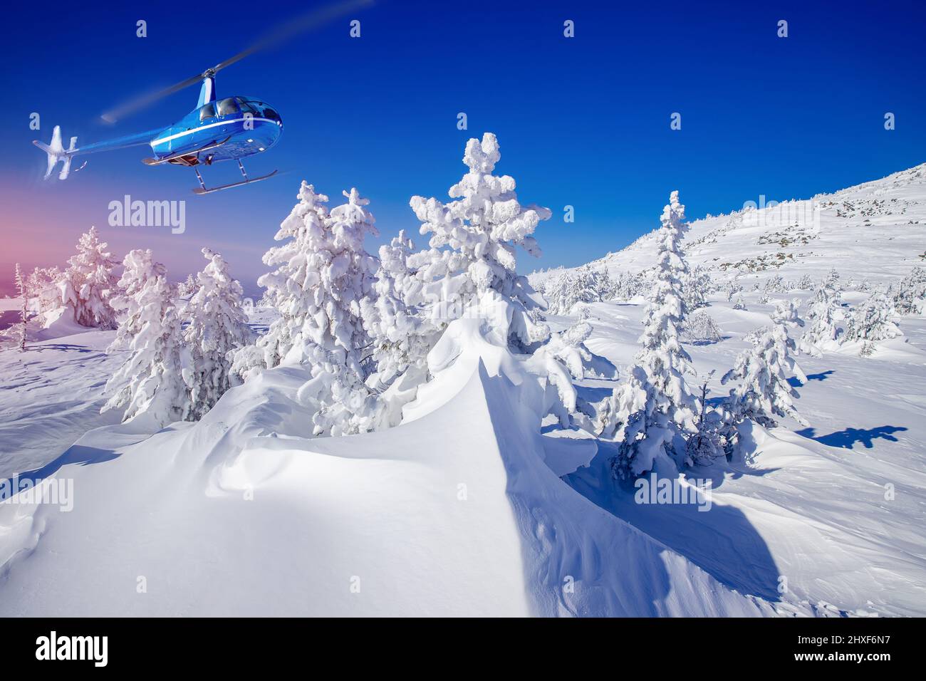 Secouristes à la recherche de skieurs et de snowboardeurs disparus en montagne, forêt enneigée avec l'aide d'un hélicoptère.Concept d'opération de secours. Banque D'Images