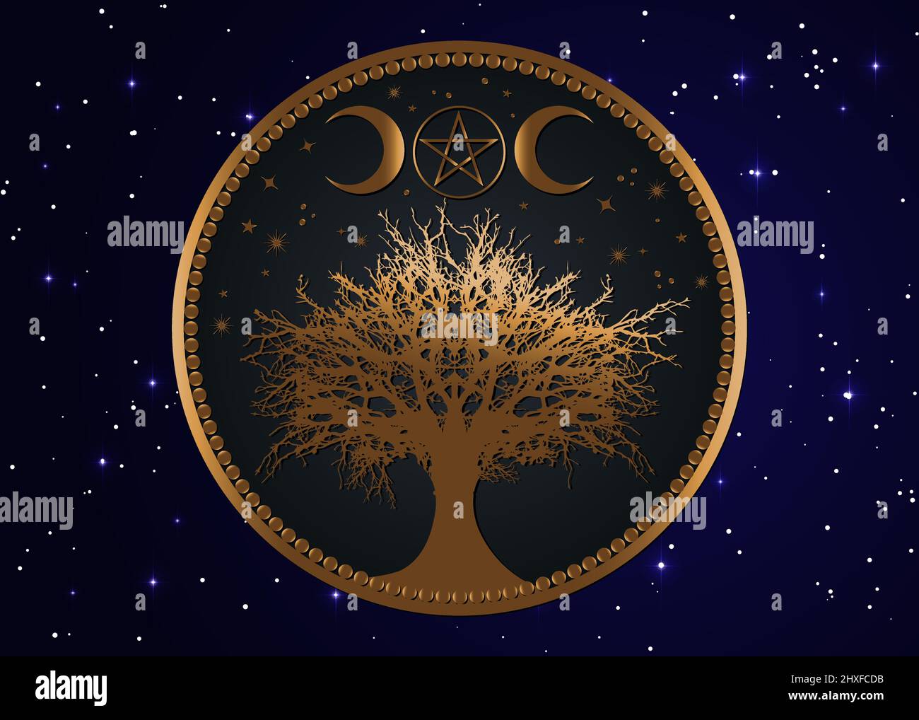Arbre de vie Wicca signe mandala, Gold Mystique Lune Pentacle, géométrie sacrée, croissant d'or lune, demi-lune païen symbole de la triple déesse Wiccan Illustration de Vecteur