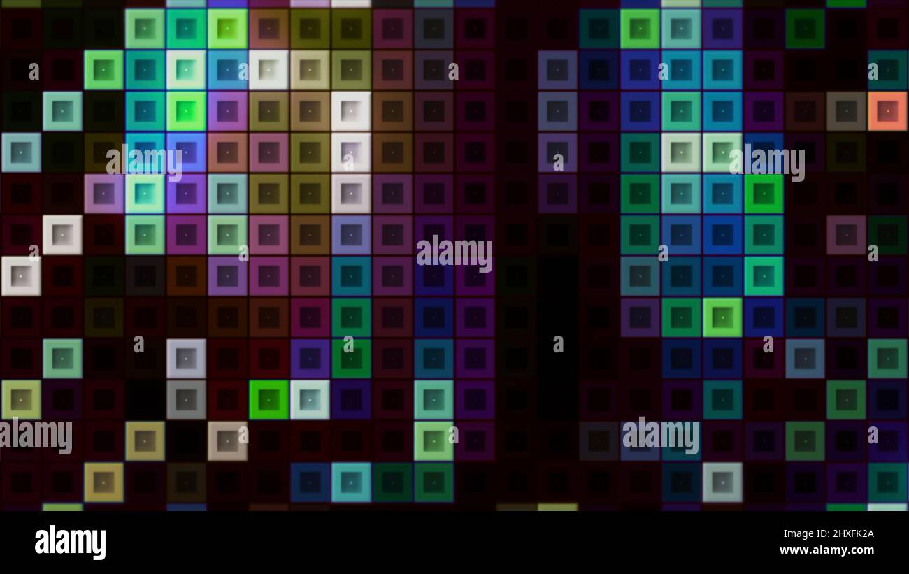 Arrière-plan avec carrés colorés en tetris. Mouvement. Tétras électroniques avec carrés de néon mobiles. Arrière-plan élégant avec carrés colorés Banque D'Images