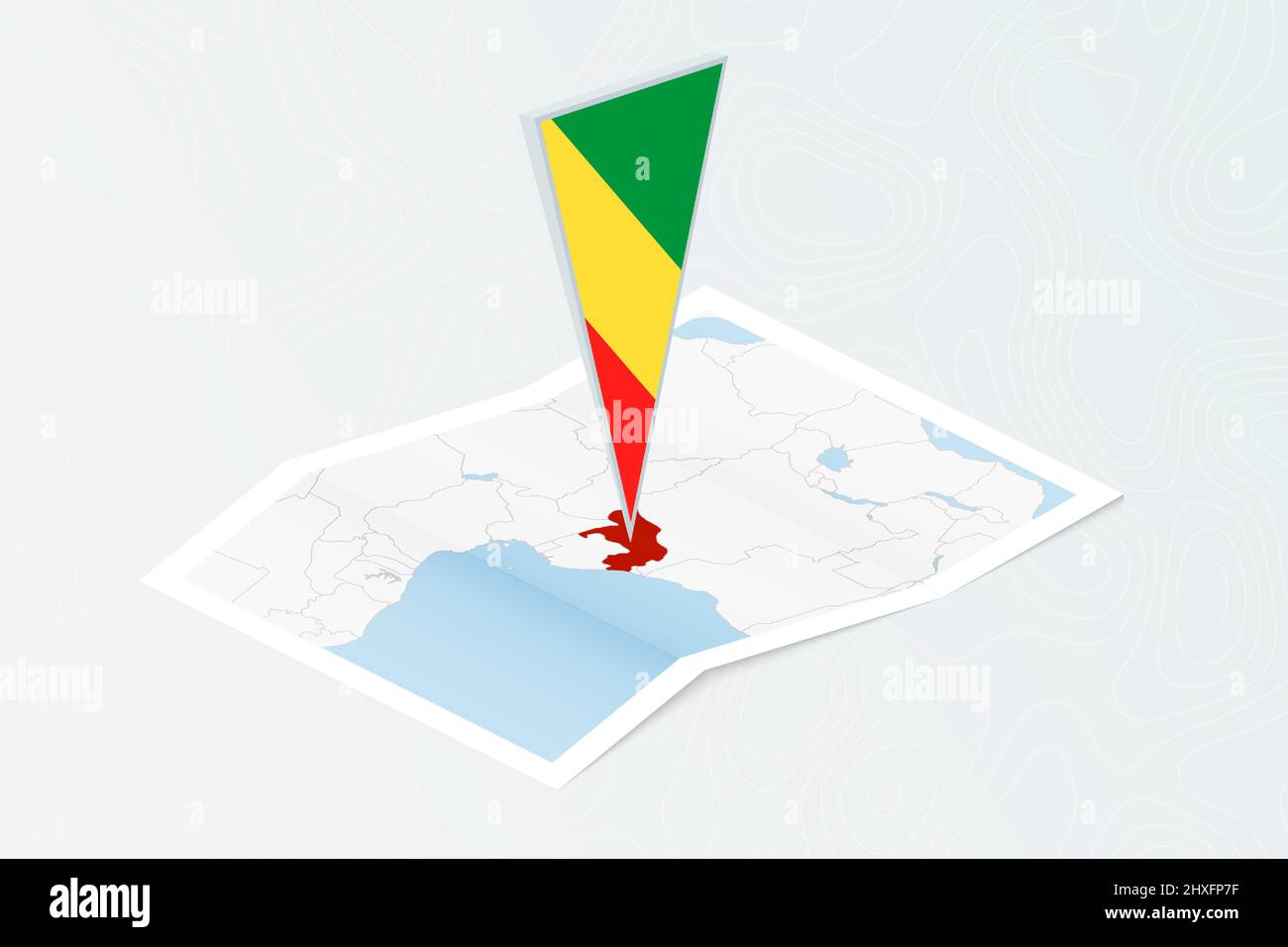 Carte papier isométrique du Congo avec drapeau triangulaire du Congo en style isométrique. Carte sur fond topographique. Illustration vectorielle. Illustration de Vecteur