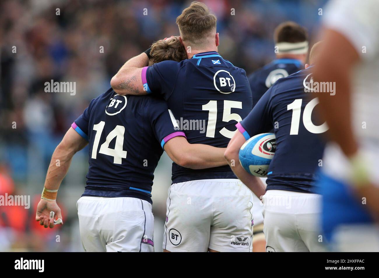 Rome, Italie - 12,03 2022: DARCY GRAHAM (SCO) A OBTENU LE SCORE LORS du match d'essai Guinness des six Nations en 2022, Italie contre Ecosse au stade olympique de Rome. Banque D'Images