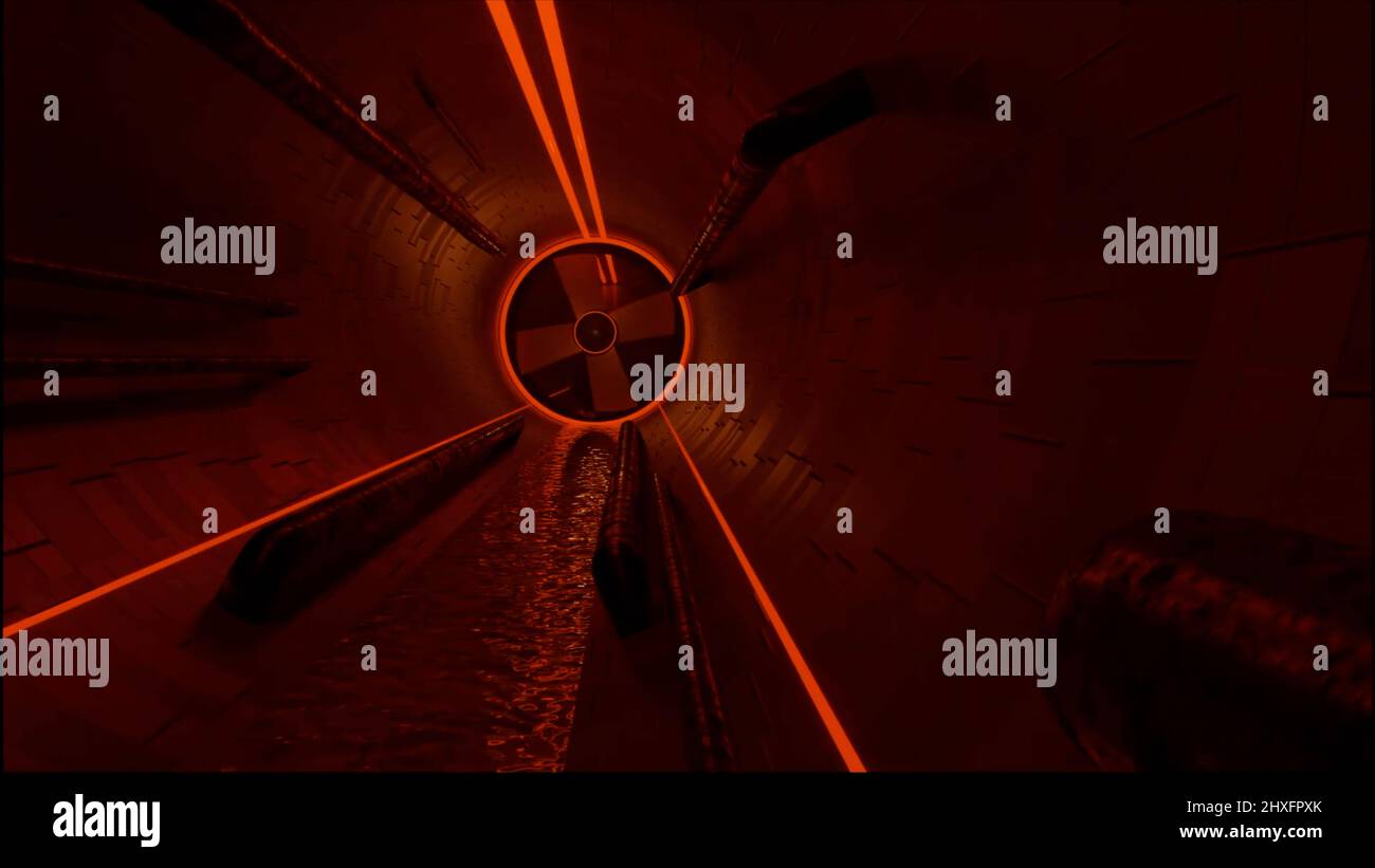 Voler à l'intérieur d'un tunnel souterrain sombre sale avec un éclairage à dispersion en surface et des lames de grille de ventilation. Conception. Système d'évacuation des eaux usées et écoulement des eaux usées Banque D'Images