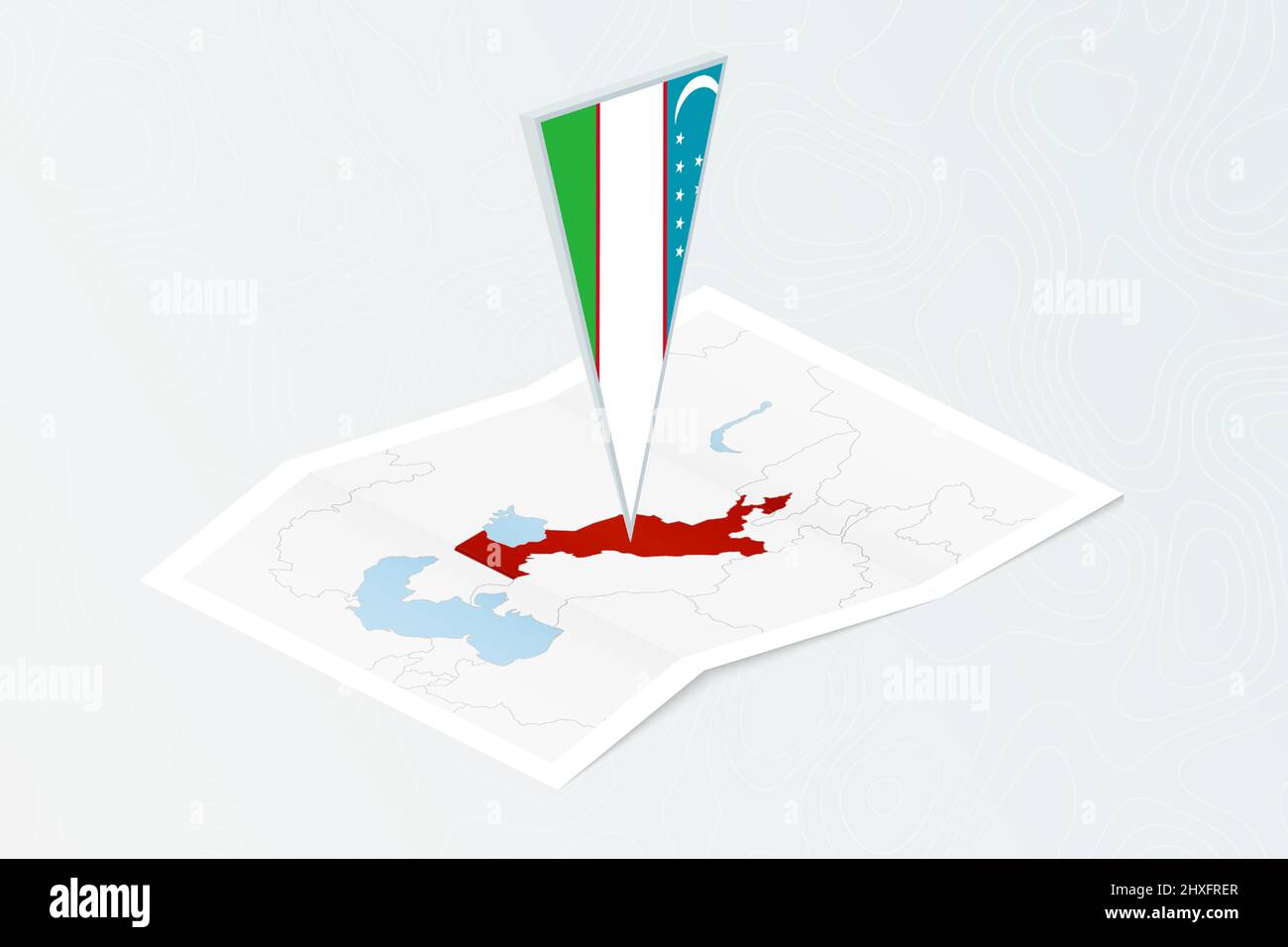 Carte papier isométrique de l'Ouzbékistan avec drapeau triangulaire de l'Ouzbékistan en style isométrique. Carte sur fond topographique. Illustration vectorielle. Illustration de Vecteur