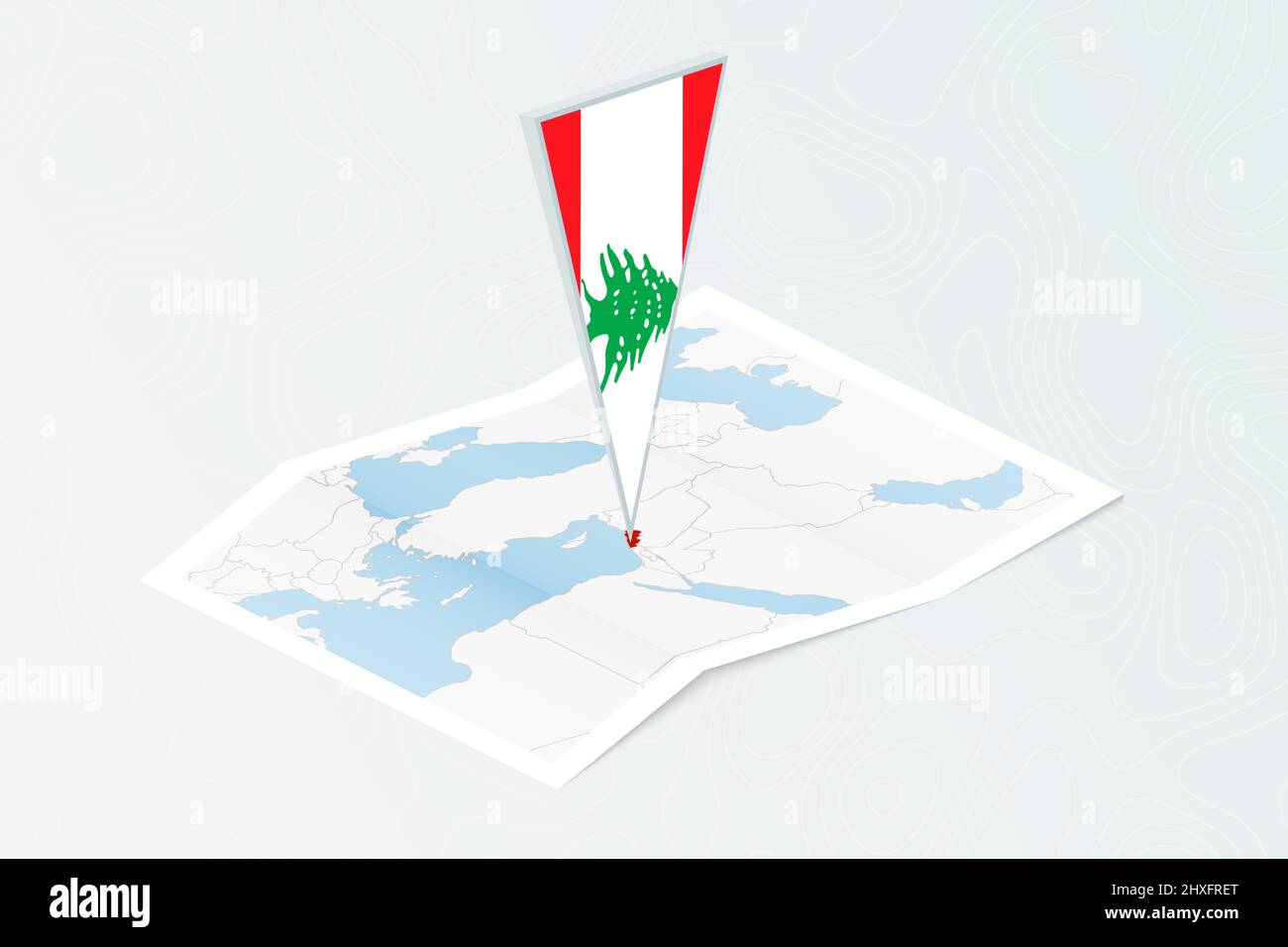 Carte papier isométrique du Liban avec drapeau triangulaire du Liban en style isométrique. Carte sur fond topographique. Illustration vectorielle. Illustration de Vecteur