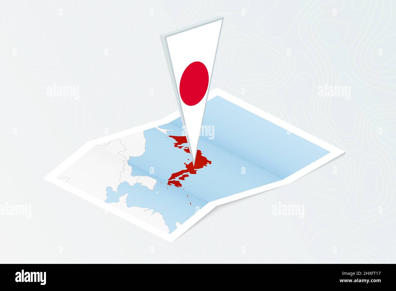 Carte papier isométrique du Japon avec drapeau triangulaire du Japon en style isométrique. Carte sur fond topographique. Illustration vectorielle. Illustration de Vecteur