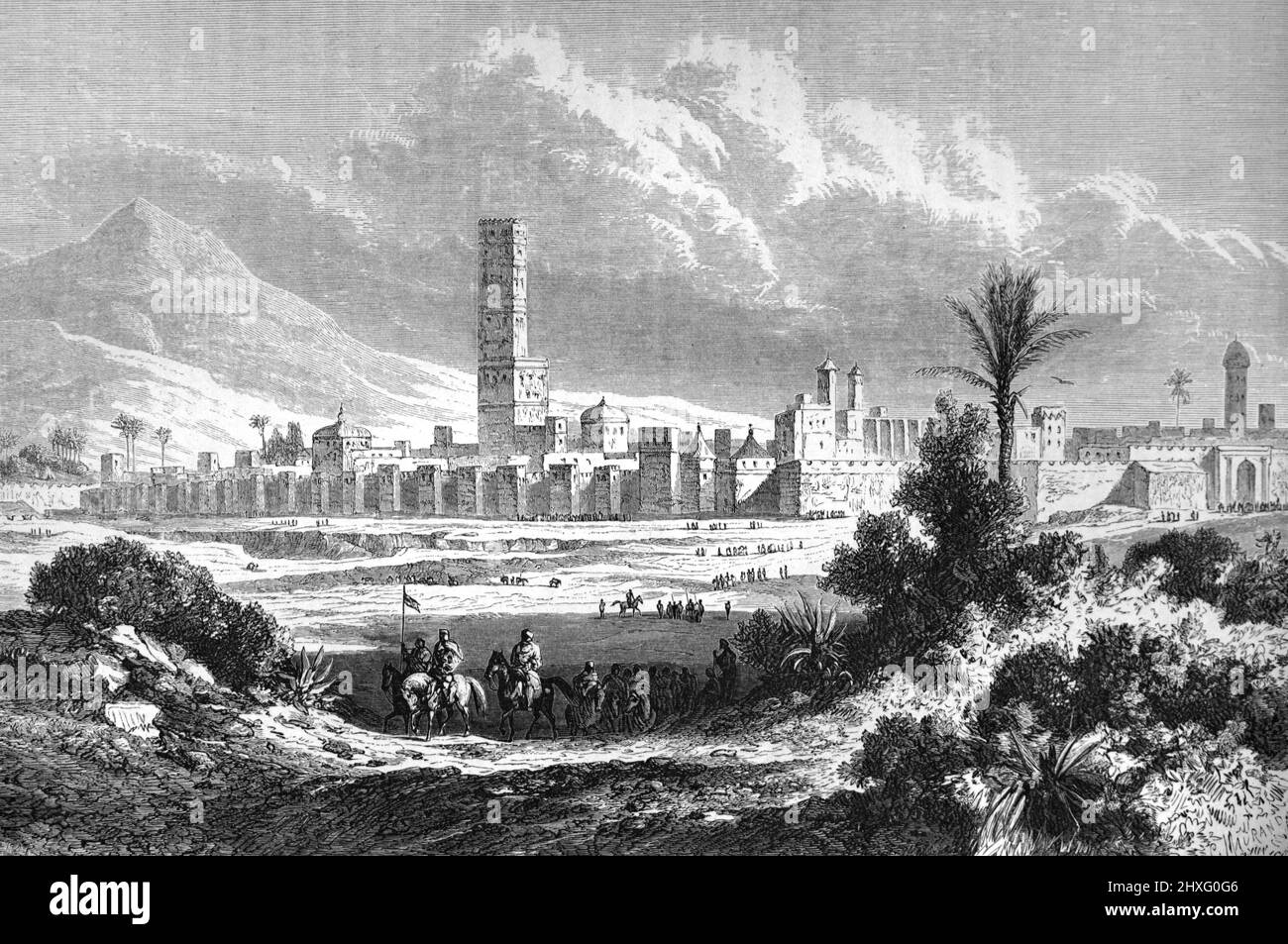 Vue sur la ville fortifiée de Taroudant ou de Taroudant dans la vallée de la sous, au sud-est du Maroc. Illustration ancienne ou gravure 1860. Banque D'Images