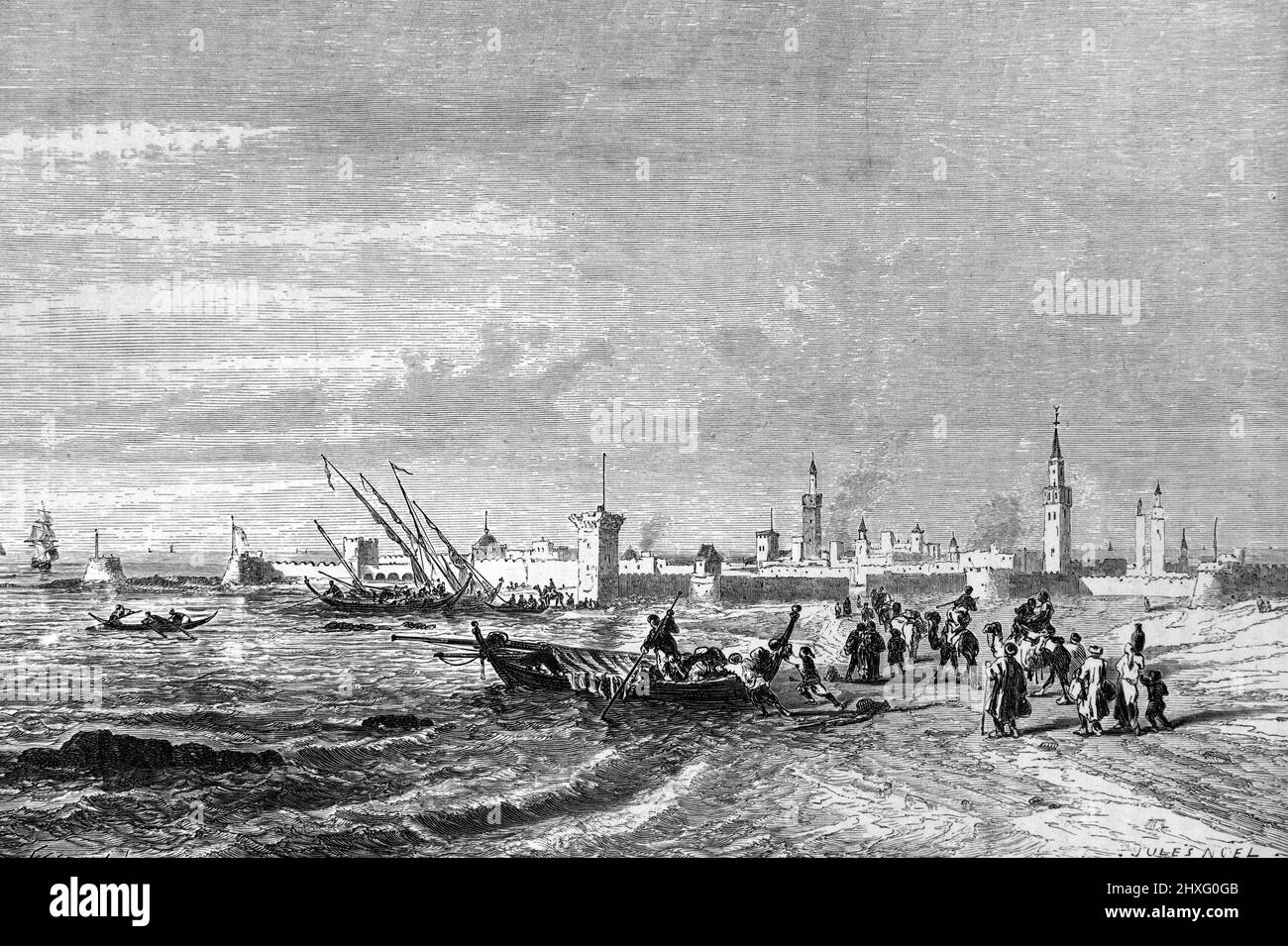 Vue sur la ville fortifiée, la côte et la plage d'Essaouira Maroc. Illustration ancienne ou gravure 1860. Banque D'Images