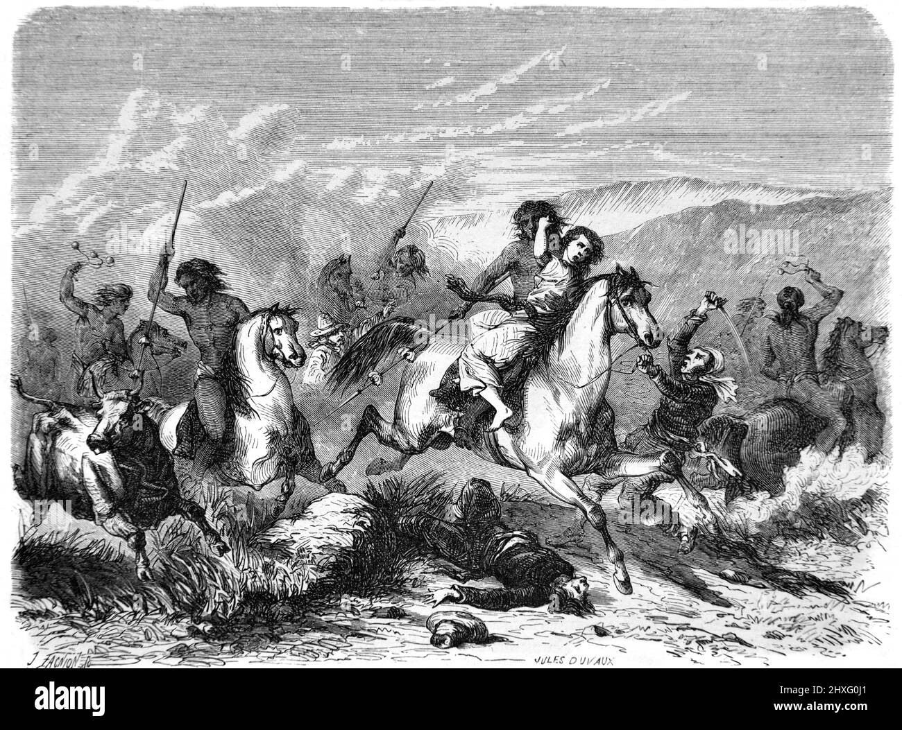 Les Mapuches indigènes attaquent des colons espagnols, kidnappent une Settler et rouillent des bovins dans la région d'Araucania, au Chili, en Amérique du Sud. Illustration ancienne ou gravure 1860. Banque D'Images