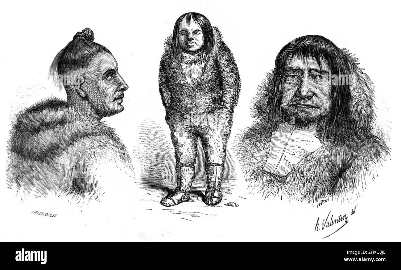 Portraits ou études de personnages d'Eskimo Men, d'Inuits ou d'Inuits Man. Illustration ancienne ou gravure 1860. Banque D'Images