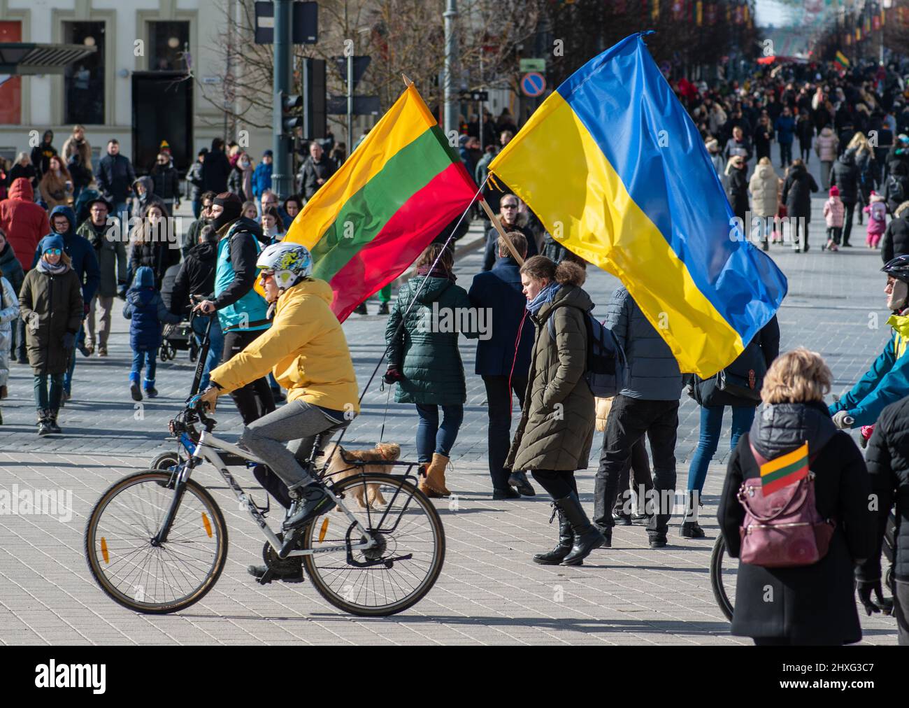 Manifestation pacifique contre la guerre, Poutine et la Russie en faveur de l'Ukraine avec des vélos, des personnes avec des drapeaux ukrainiens et lituaniens Banque D'Images