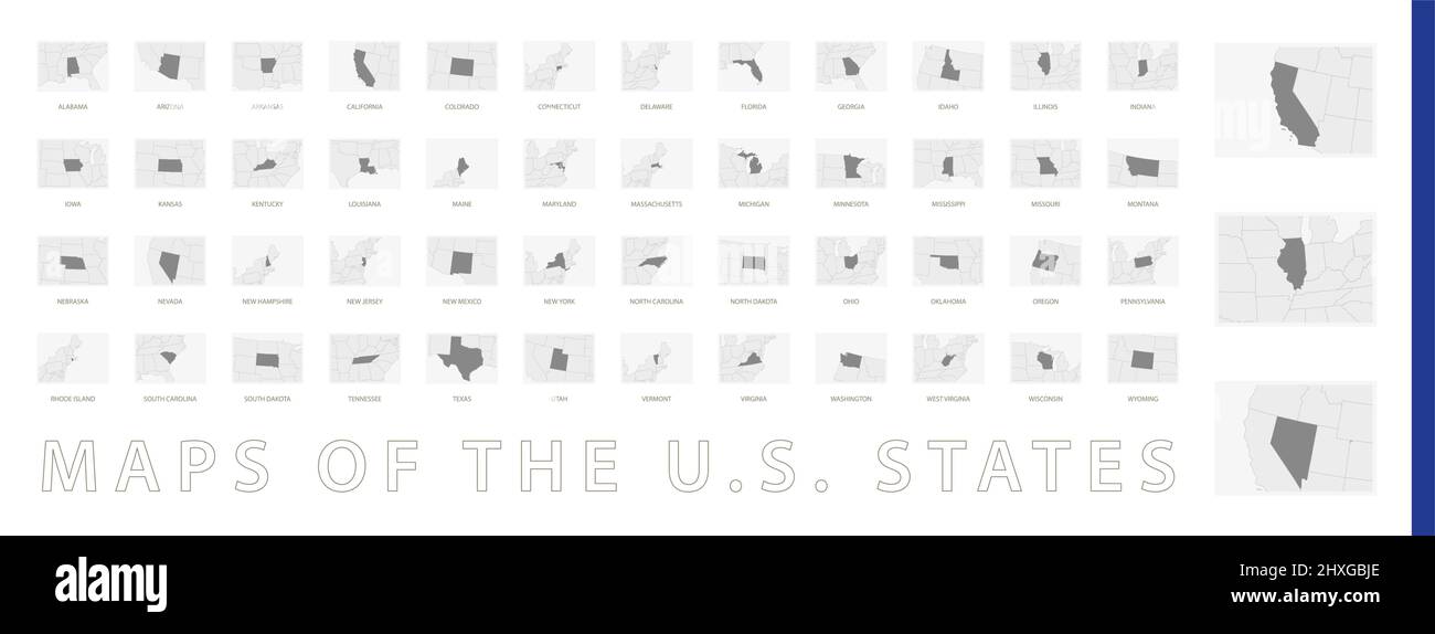Collection de cartes de tous les États américains en gris. Cartes avec États voisins. Illustration de Vecteur