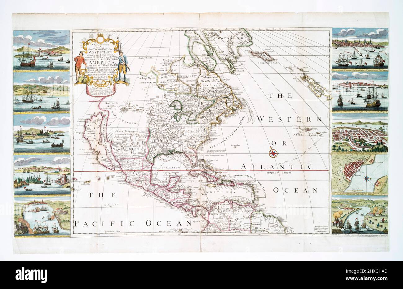 Une nouvelle carte correcte de la partie commerciale des Antilles - y compris le siège de la guerre entre GR. La Grande-Bretagne et l'Espagne, ainsi que l'Empire britannique en Amérique, avec les Français et les Espagnols 'dédrés au Honble. Edward Vernon Esqr., Vice-amiral du Bleu et commandant en chef de tous ses navires de Majs dans les Indes occidentales, par H.O.' Inclut des vues de: La Havane -- Panama -- Porto Rico -- Cartagena -- Porto Bello -- Boston -- New York -- Mexique -- Vera Cruz -- Chagre. Banque D'Images