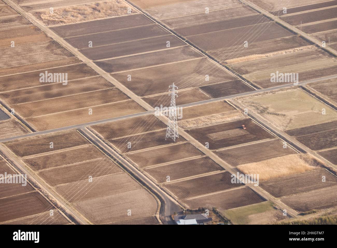 Vue aérienne de la tour de transmission électrique dans un champ sec Banque D'Images