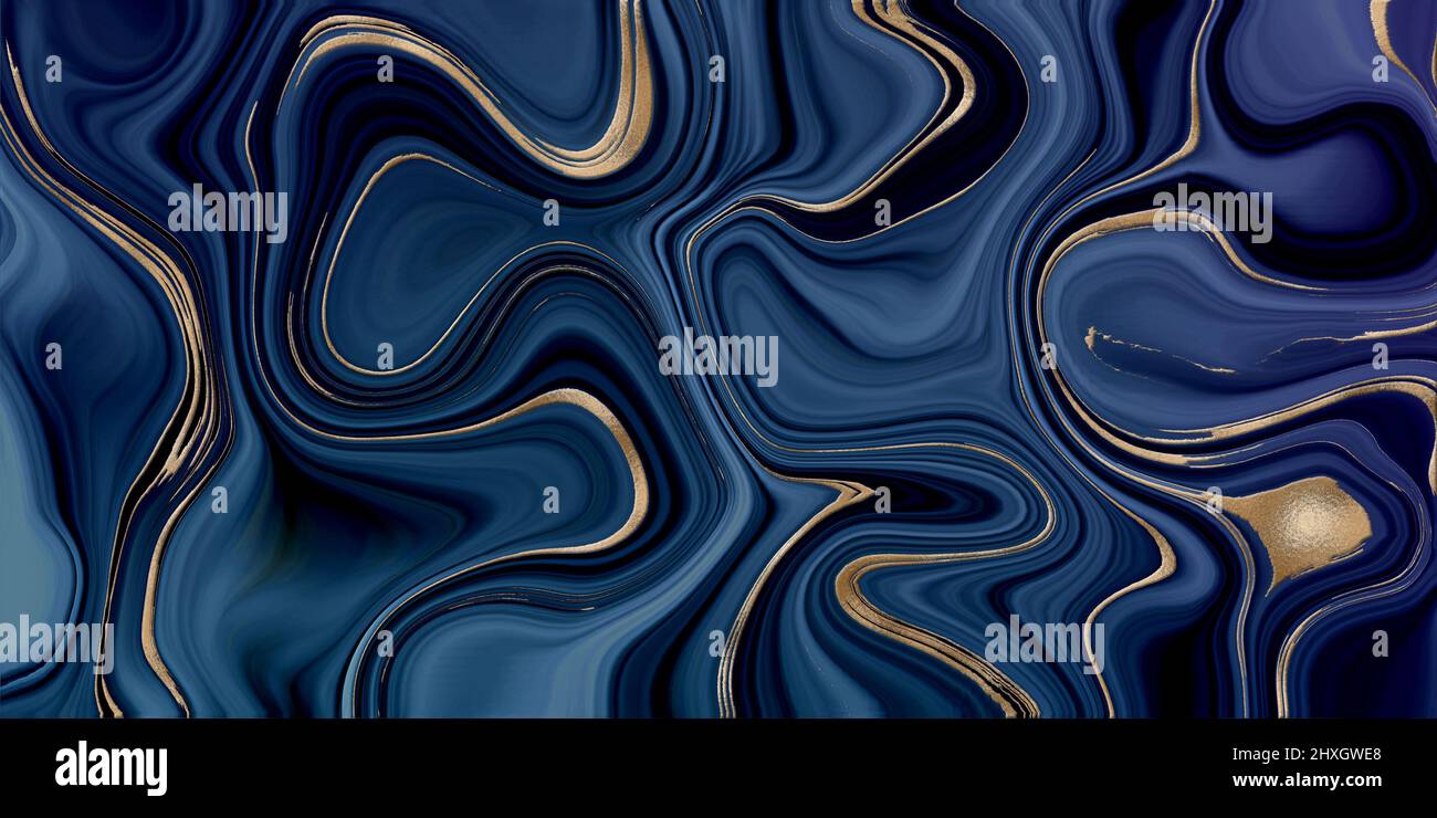 Texture pierre fluide en marbre agate avec or. Bleu effet marbruant fluide avec veine dorée. Résumé Agate arrière-plan. Illustration Banque D'Images