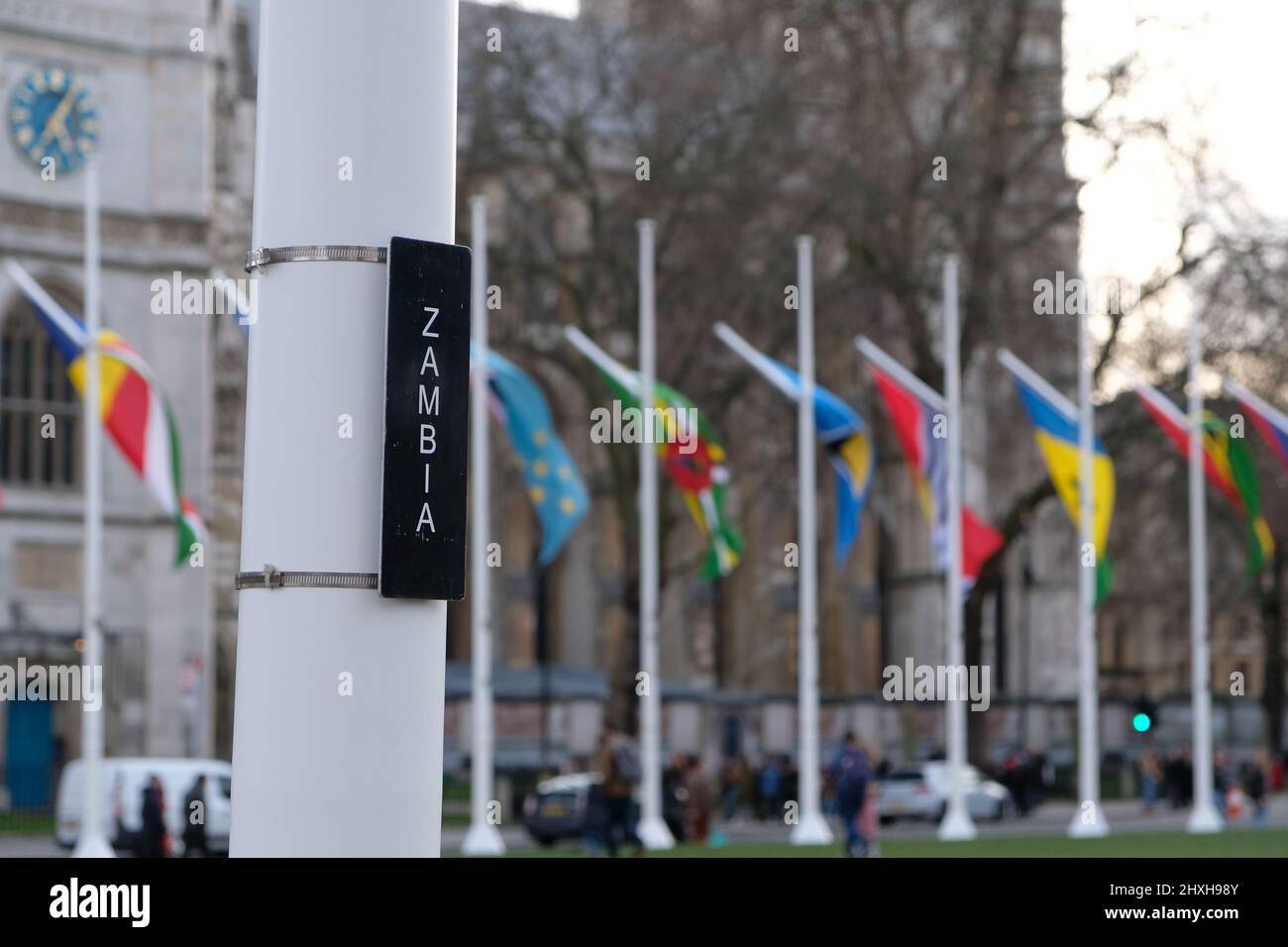 Londres, Royaume-Uni, 12th mars 2022. Les drapeaux des 54 États membres du Commonwealth, dont le Royaume-Uni, sont installés sur la place du Parlement avant la Journée du Commonwealth, le 14th mars. Un service annuel a lieu pour marquer l'occasion à l'abbaye de Westminster, cette année sans la présence habituelle de sa Majesté la Reine. Crédit : onzième heure Photographie/Alamy Live News Banque D'Images