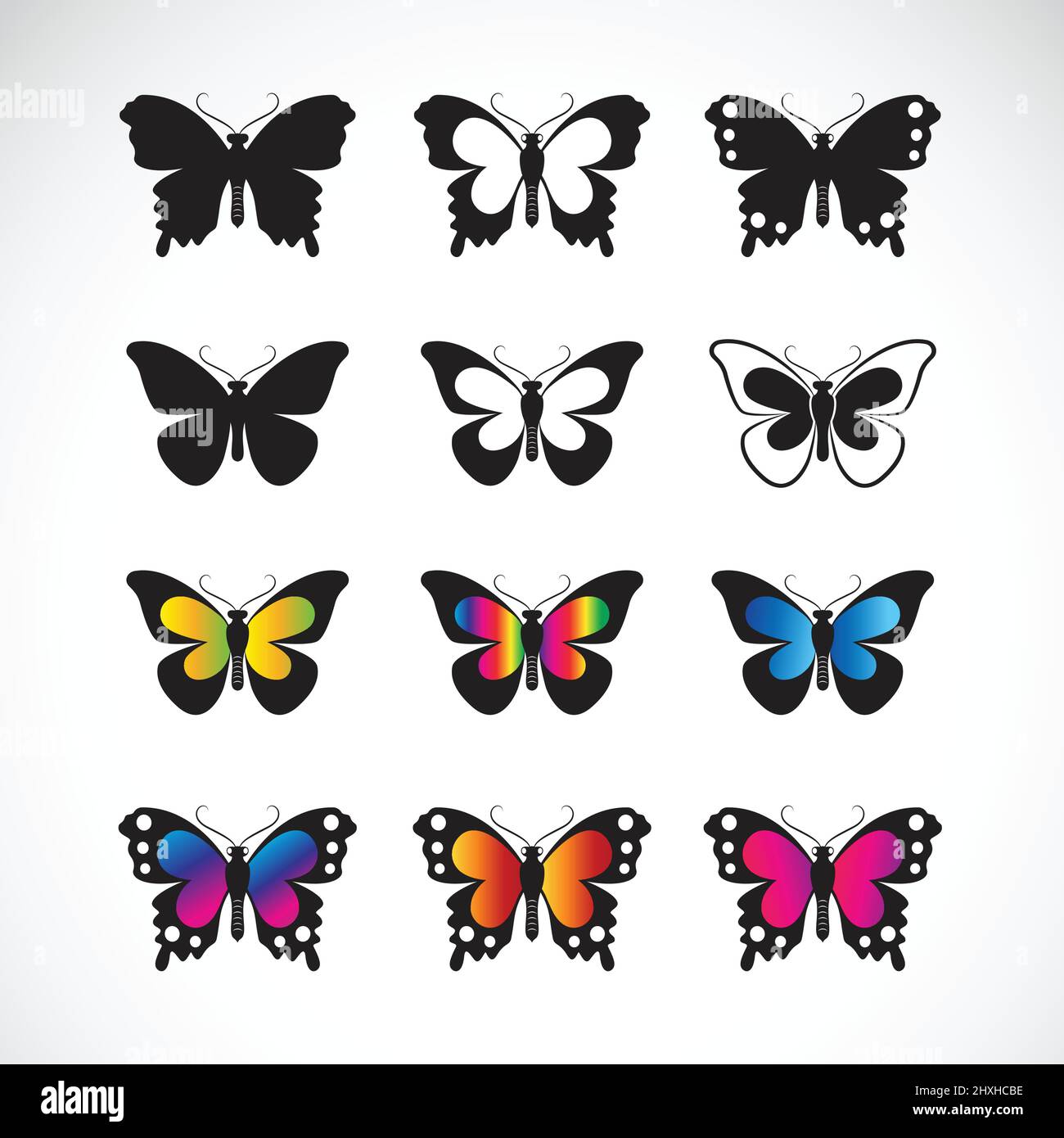 Groupe vectoriel de papillons sur fond blanc. Icône papillon. Insecte ...