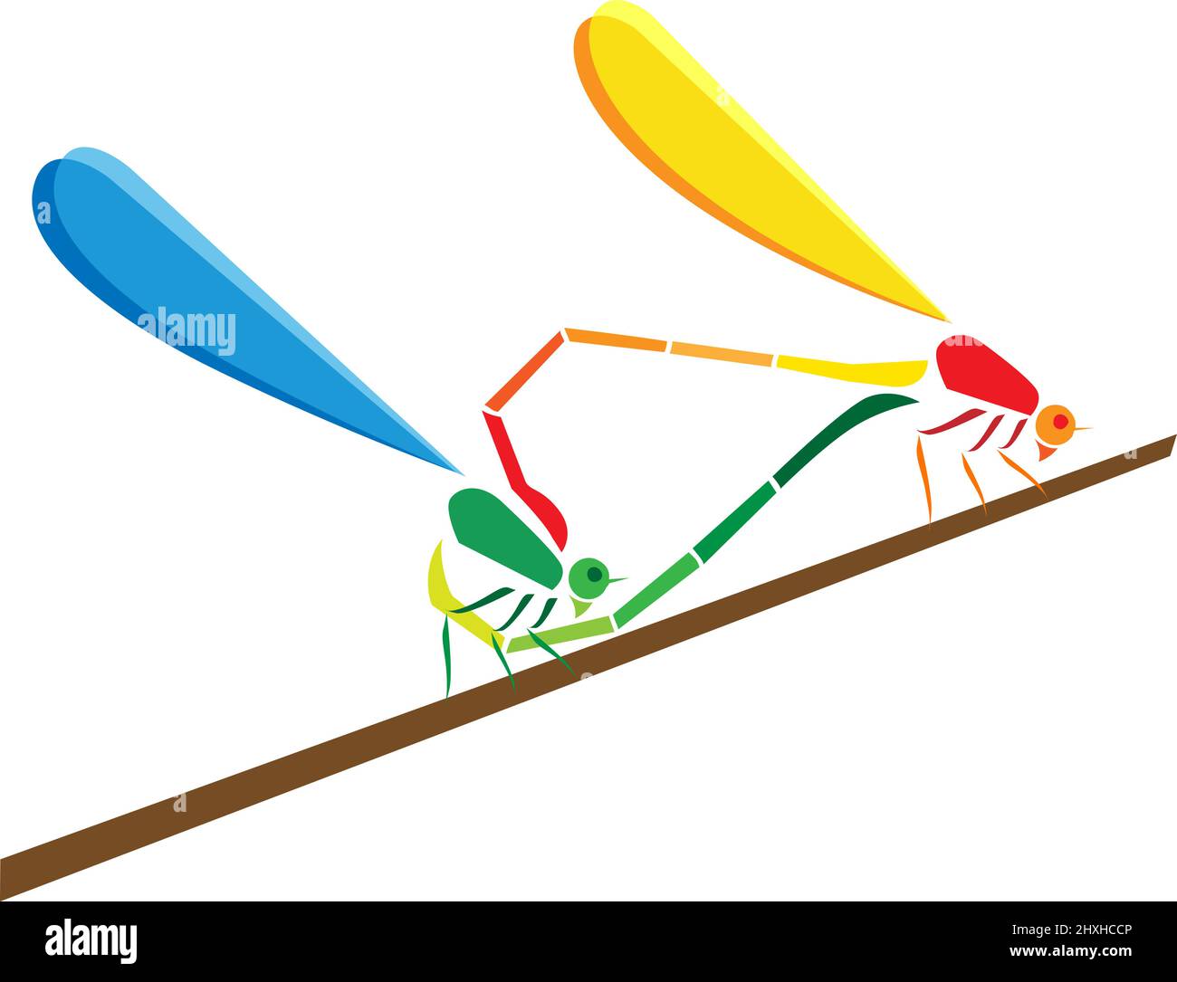 Deux libellules colorées perchées sur une feuille. Illustration vectorielle superposée facile à modifier. Illustration de Vecteur