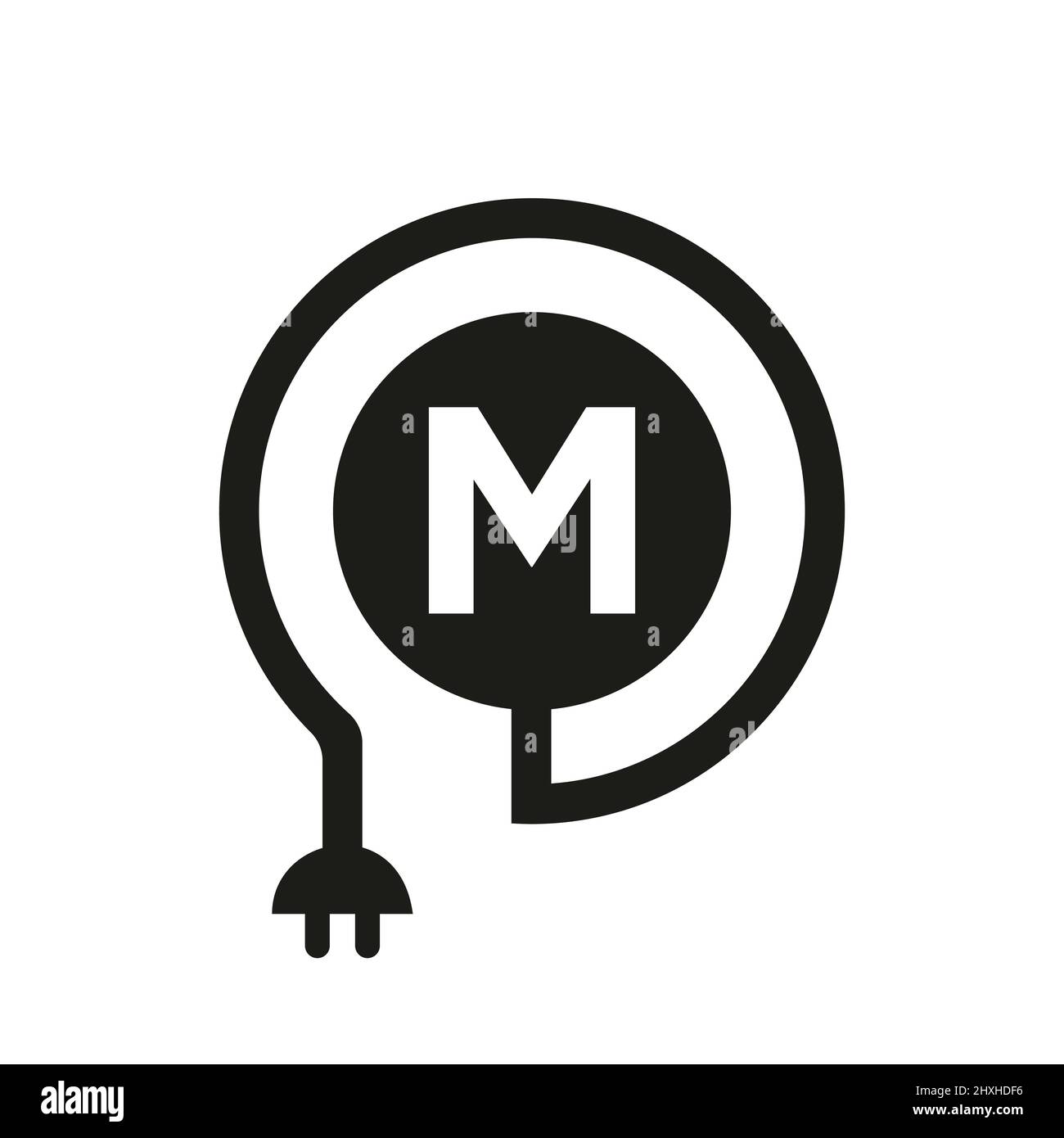 Logo électrique sur l'affiche lettre M. Logo lettre M avec câble boucle et adaptateur de fiche, modèle vectoriel électricité, industriel et technologie Illustration de Vecteur
