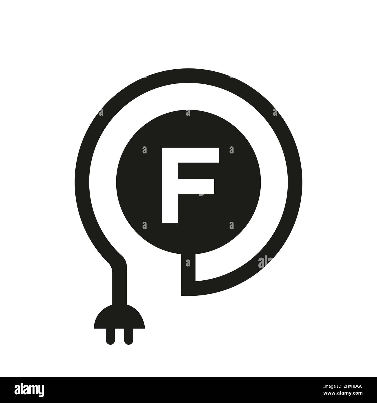 Logo électrique sur l'affiche lettre F. F logo lettre avec câble Curl et adaptateur de fiche, modèle vectoriel électrique, industriel et technologique Illustration de Vecteur