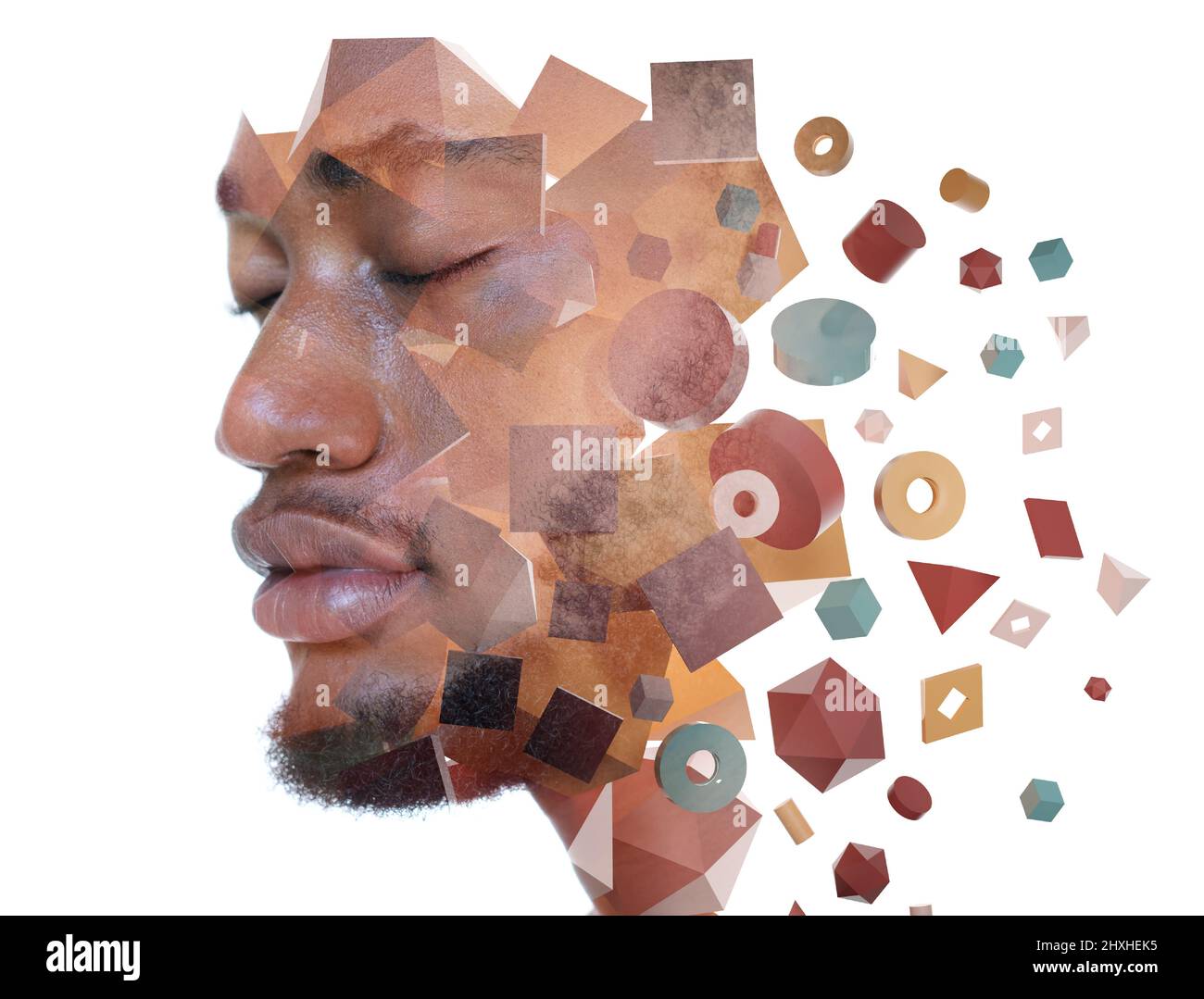 Graphiques numériques 3D combinés à un portrait dans une technique de double exposition Banque D'Images