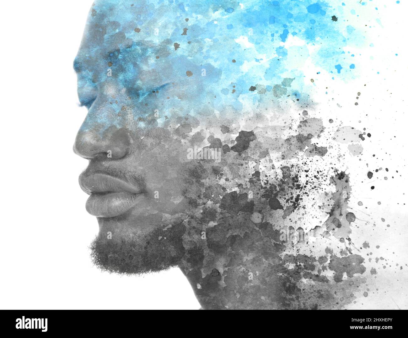 Peinture. Portrait artistique du jeune homme combiné à un motif peint à la main Banque D'Images