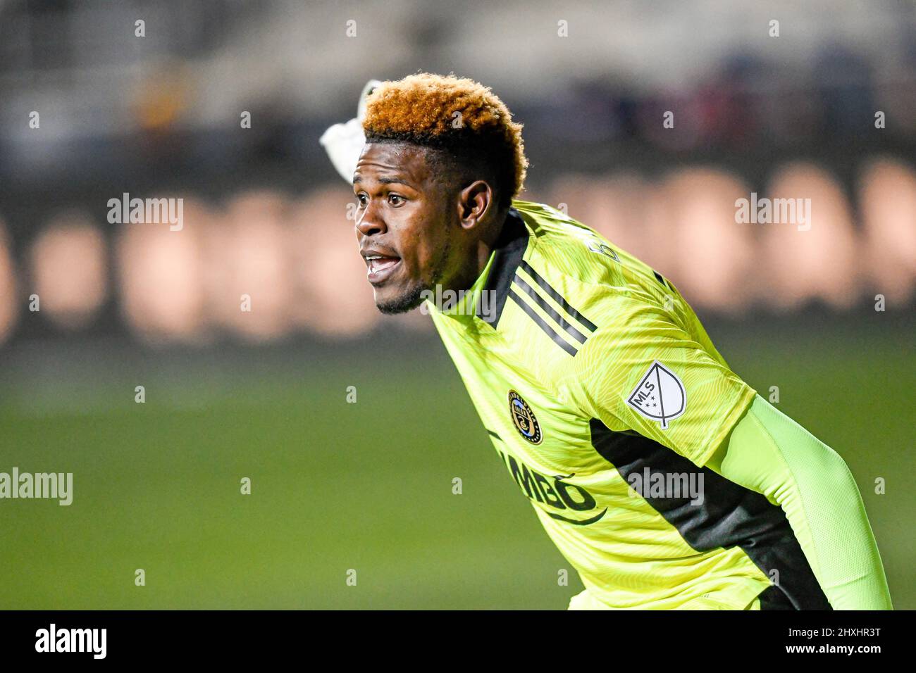 Le gardien de but André Blake parle à sa défense alors que l'Union de Philadelphie a vaincu les tremblements de terre de San José 2 - 0 lors d'un match de football professionnel de la Ligue majeure de football MLS Banque D'Images