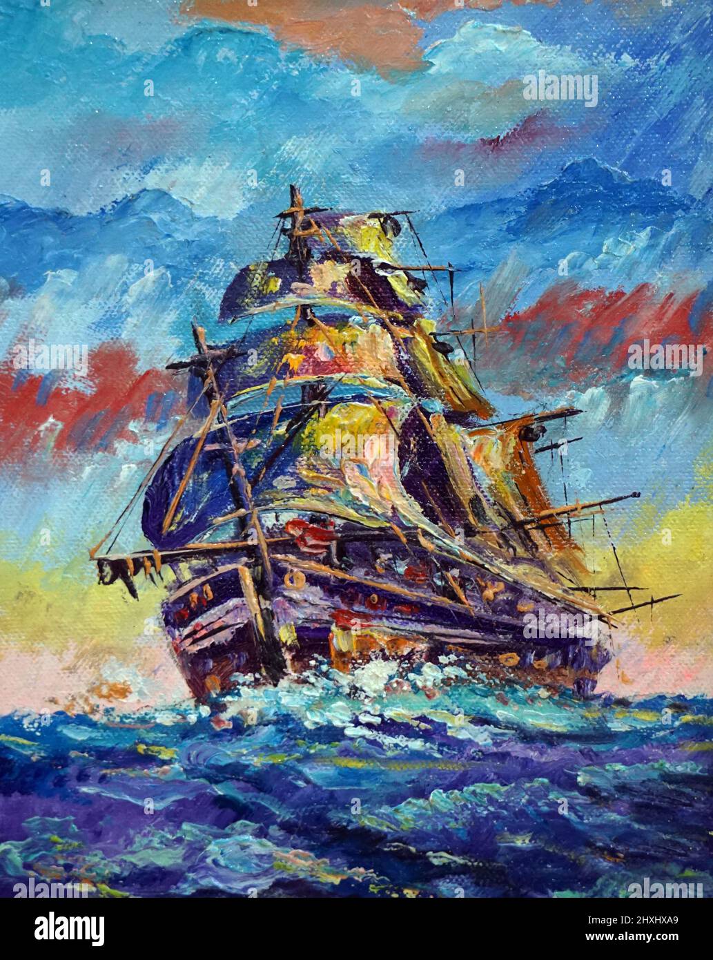 Peinture d'art voilier couleur acrylique , bateau venteux , côte , bateau à rames Banque D'Images