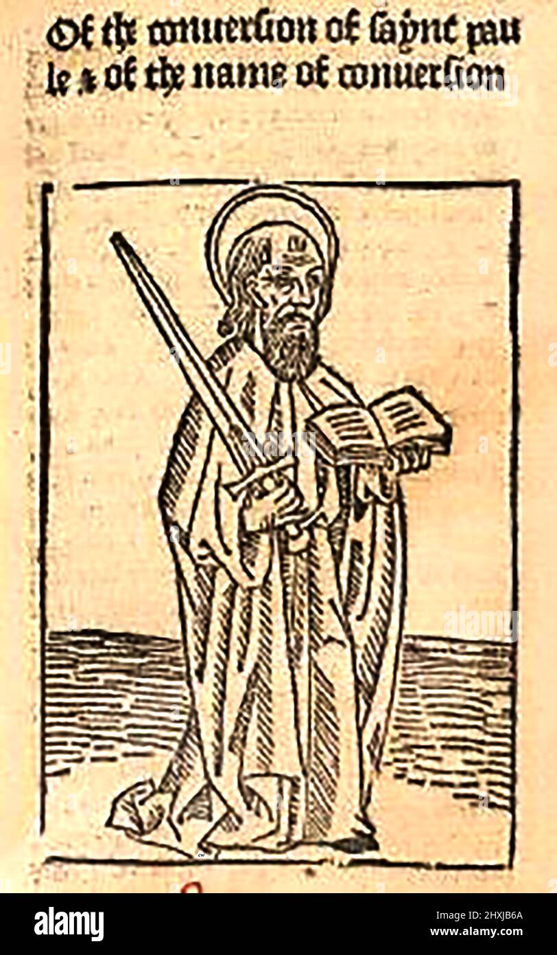 Coupe de bois du 15th siècle montrant St Paul (apôtre et médecin), tel qu'imprimé par William Caxton ( 1422-1491/92) dans sa traduction de 'la Légende d'Or' ou 'donc endeth la legende nommée dans Latyn legenda aurea qui est à saye en Englyshe la legende dorée' par Jacobus, de Voragine, (Circa 1229-1298). Banque D'Images