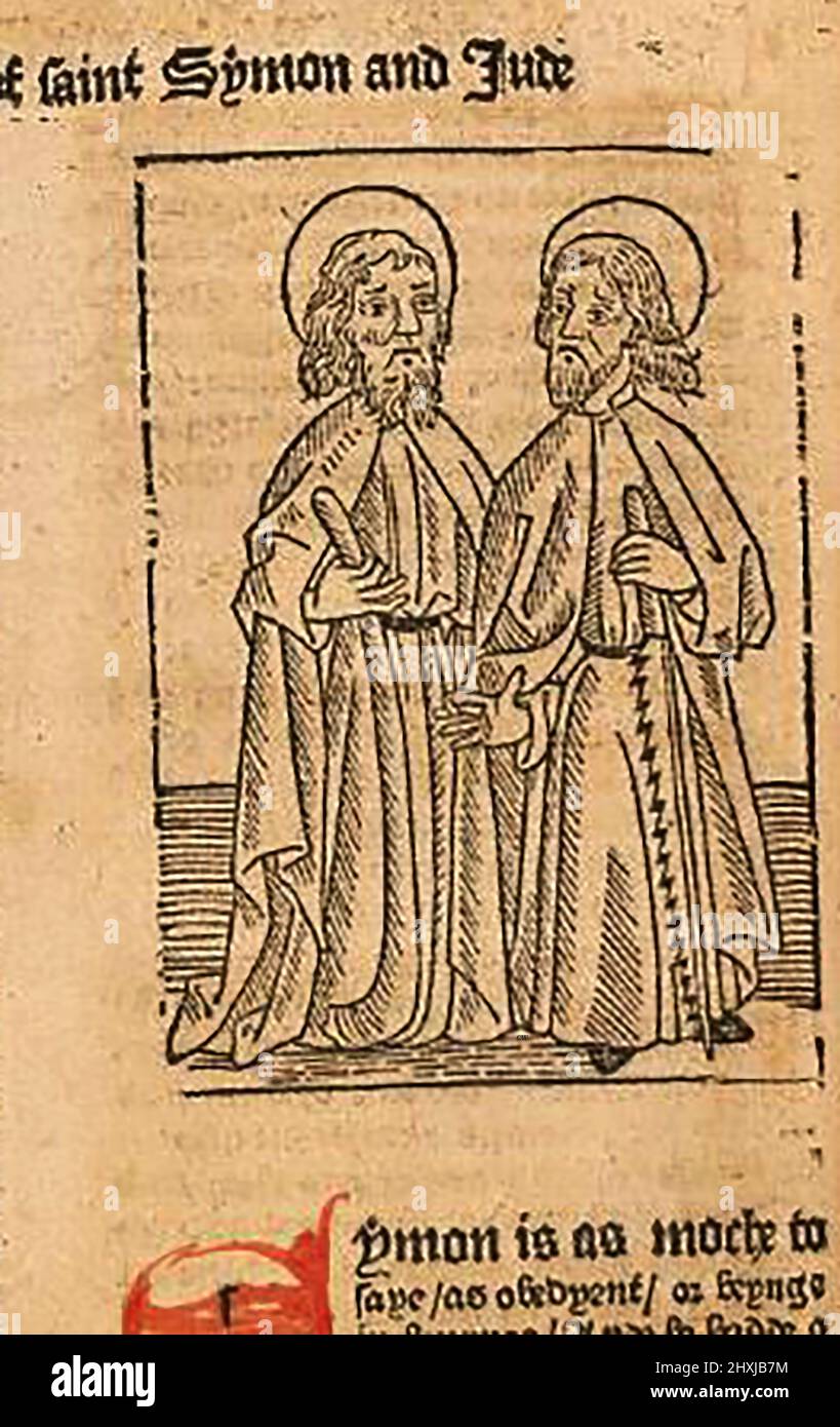 15th Century Woodcut montrant St Simon & St Jude, tel qu'imprimé par William Caxton ( 1422-1491/92) dans sa traduction de 'la Légende d'Or' ou 'donc endeth la legende nommée dans Latyn legenda aurea qui est à saye in Englyshe la legende dorée' par Jacobus, de Voragine, (Circa 1229-1298). Banque D'Images