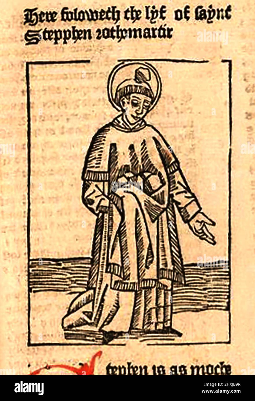 15th Century Woodcut montrant St Stephen, tel qu'imprimé par William Caxton ( 1422-1491/92) dans sa traduction de 'la Légende d'Or' ou 'donc endeth la legende nommée dans Lalyn legenda aurea qui est à saye en Englyshe la legende d'or' par Jacobus de Voragine, (Circa 1229-1298). Banque D'Images