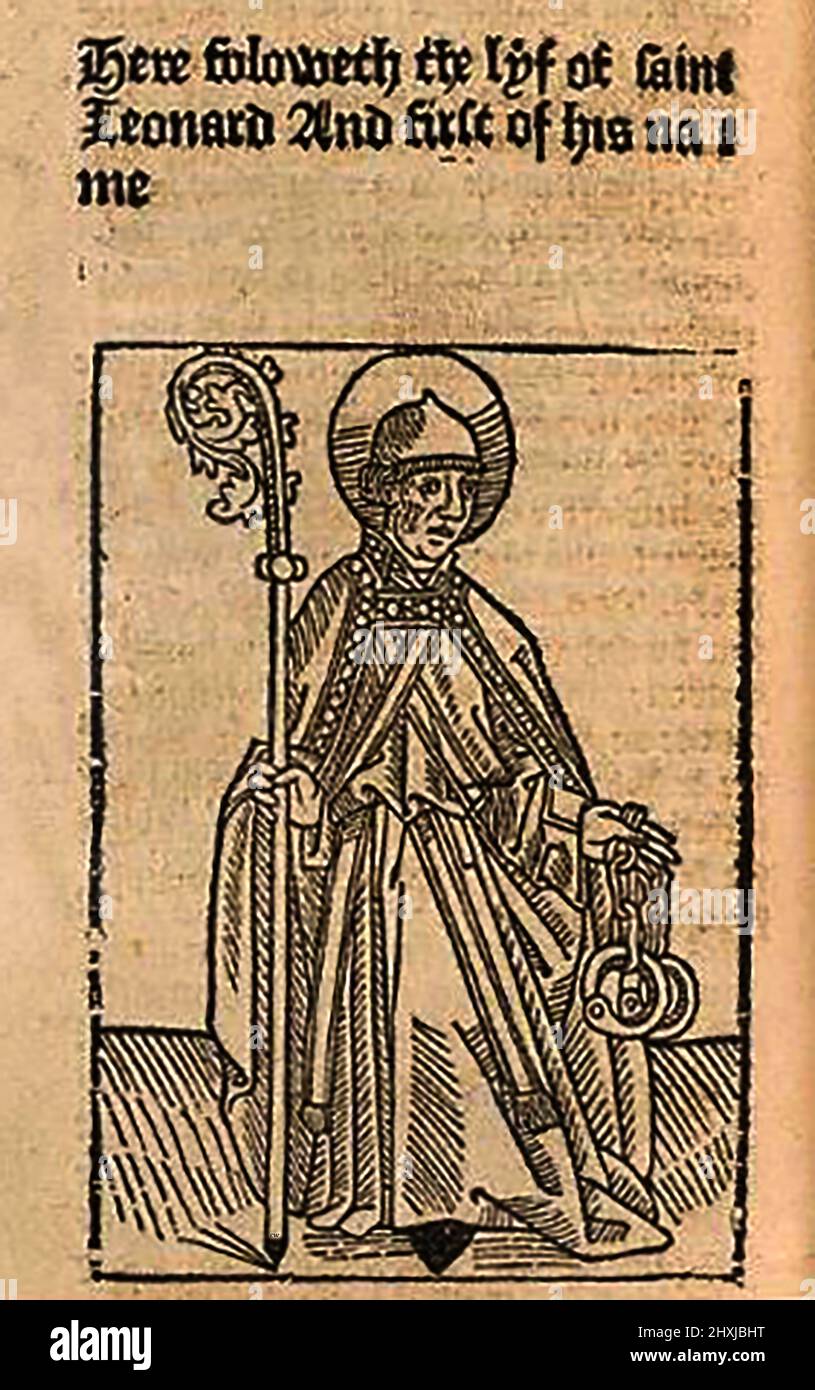 Coupe de bois du 15th siècle montrant St Léonard (de Noblac / Limoges) représenté comme un abbé tenant des chaînes ou des manacles , tel qu'imprimé par William Caxton ( 1422-1491/92) Dans sa traduction de 'la Légende d'Or' ou 'donc endeth la legende nommée dans Latyn legenda aurea qui est à saye en Englyshe la legende d'Or' par Jacobus, de Voragine, (Circa 1229-1298). Banque D'Images