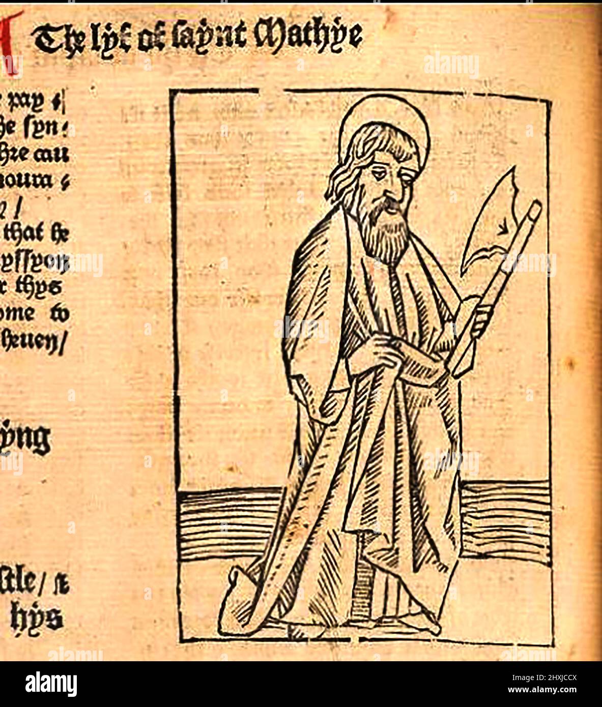 Coupe de bois du 15th siècle montrant St Matthieu, tel qu'imprimé par William Caxton ( 1422-1491/92) dans sa traduction de 'la Légende d'Or' ou 'donc endeth la legende nommée dans Latyn legenda aurea qui est à saye en Englyshe la legende dorée' par Jacobus, de Voragine, (Circa 1229-1298). Banque D'Images