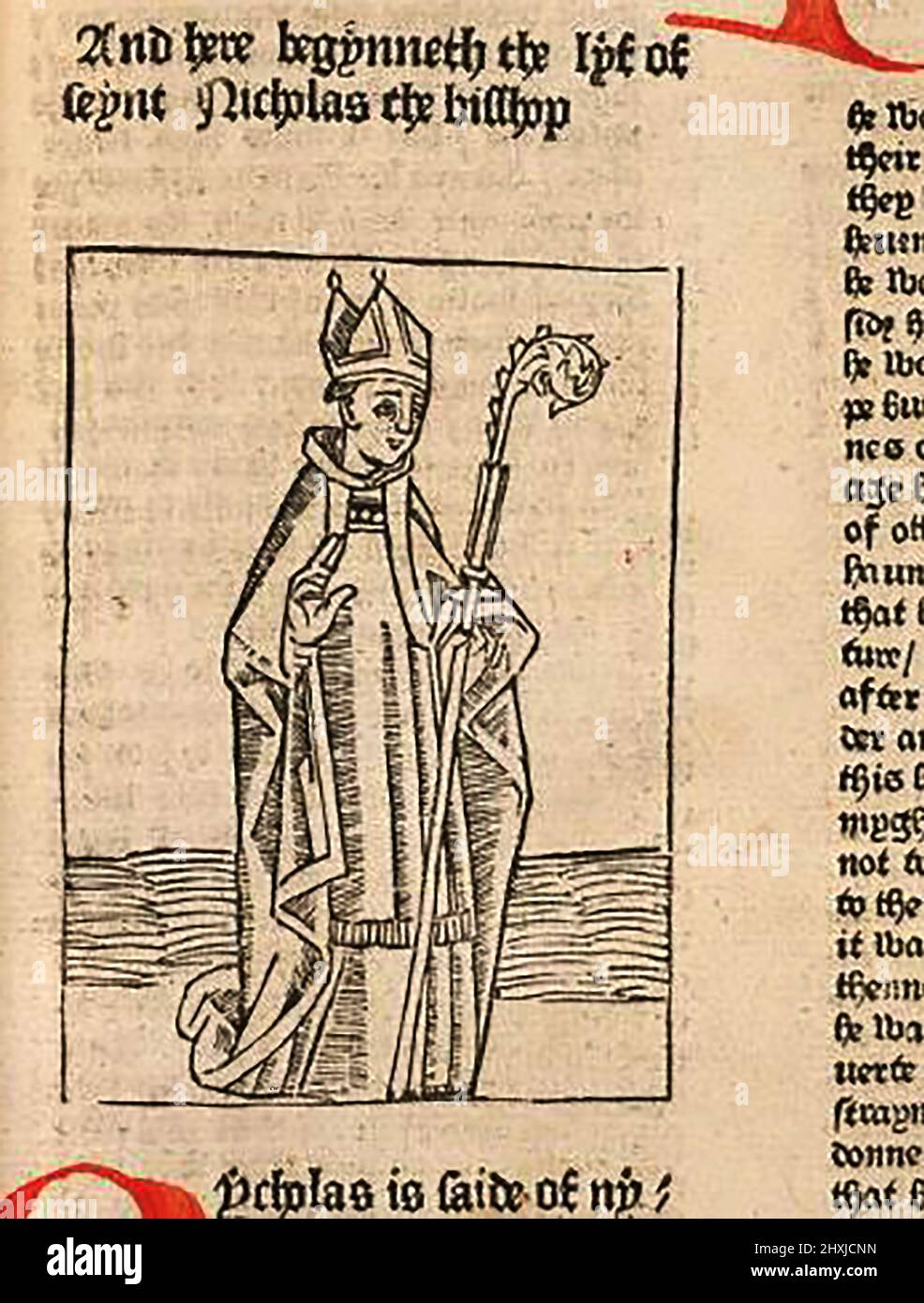 Coupe de bois du 15th siècle montrant St Nicholas (l'évêque), tel qu'imprimé par William Caxton ( 1422-1491/92) dans sa traduction de 'la Légende d'Or' ou 'donc endeth la legende nommée dans Latyn legenda aurea qui est à saye in Englyshe la legende dorée' par Jacobus, de Voragine, (Circa 1229-1298). Banque D'Images