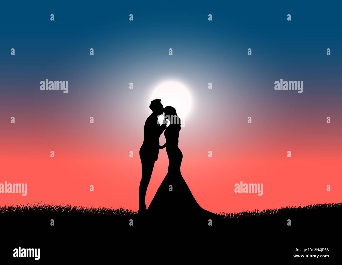 Image de silhouette Un couple homme et femmes avec la Lune dans le ciel à l'heure de la nuit dessin vectoriel illustration Illustration de Vecteur