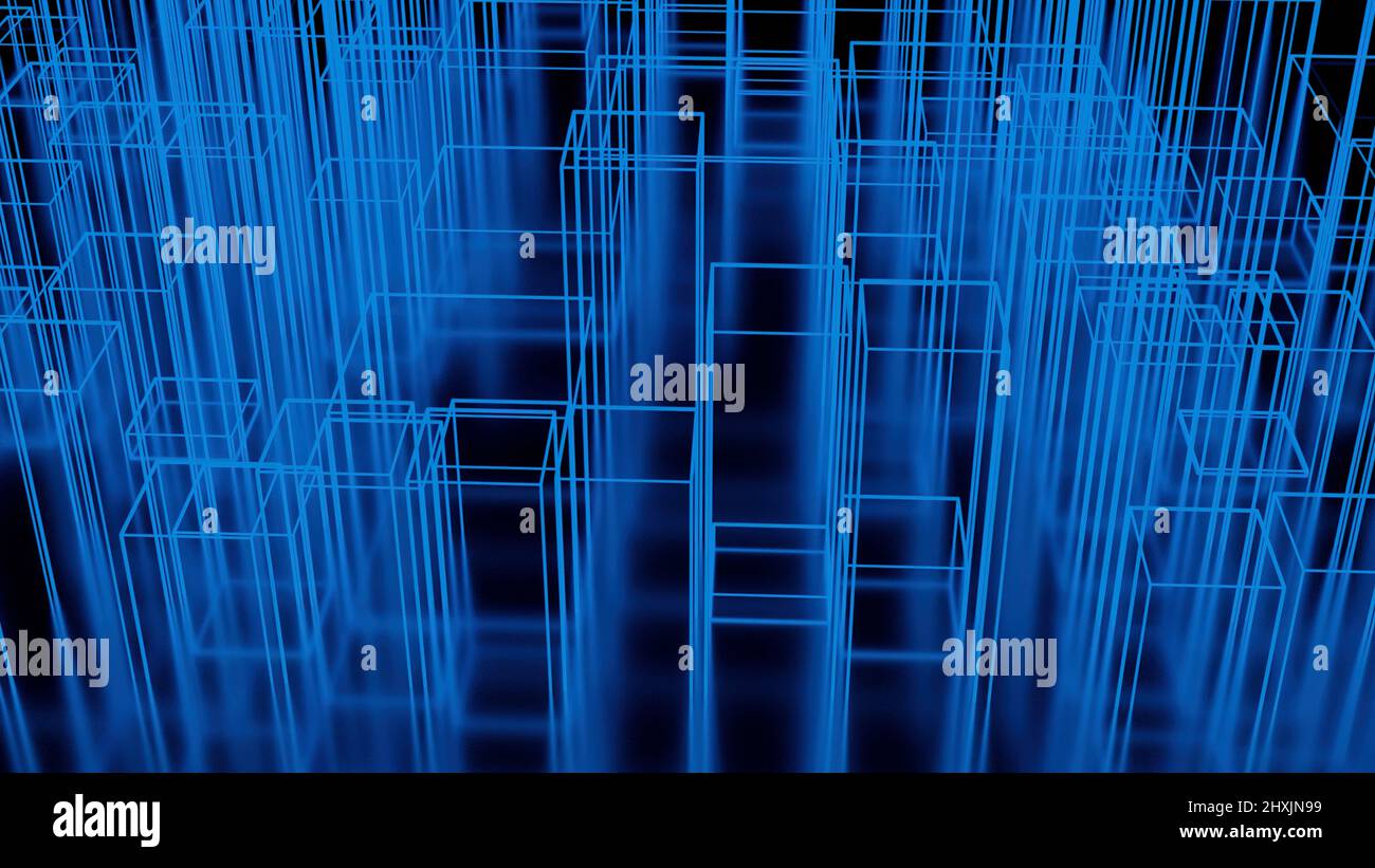 Motif abstrait de rayures fluo en croissance et formant des piliers sur fond noir. Conception. Animation géométrique futuriste de forme rectangulaire Banque D'Images
