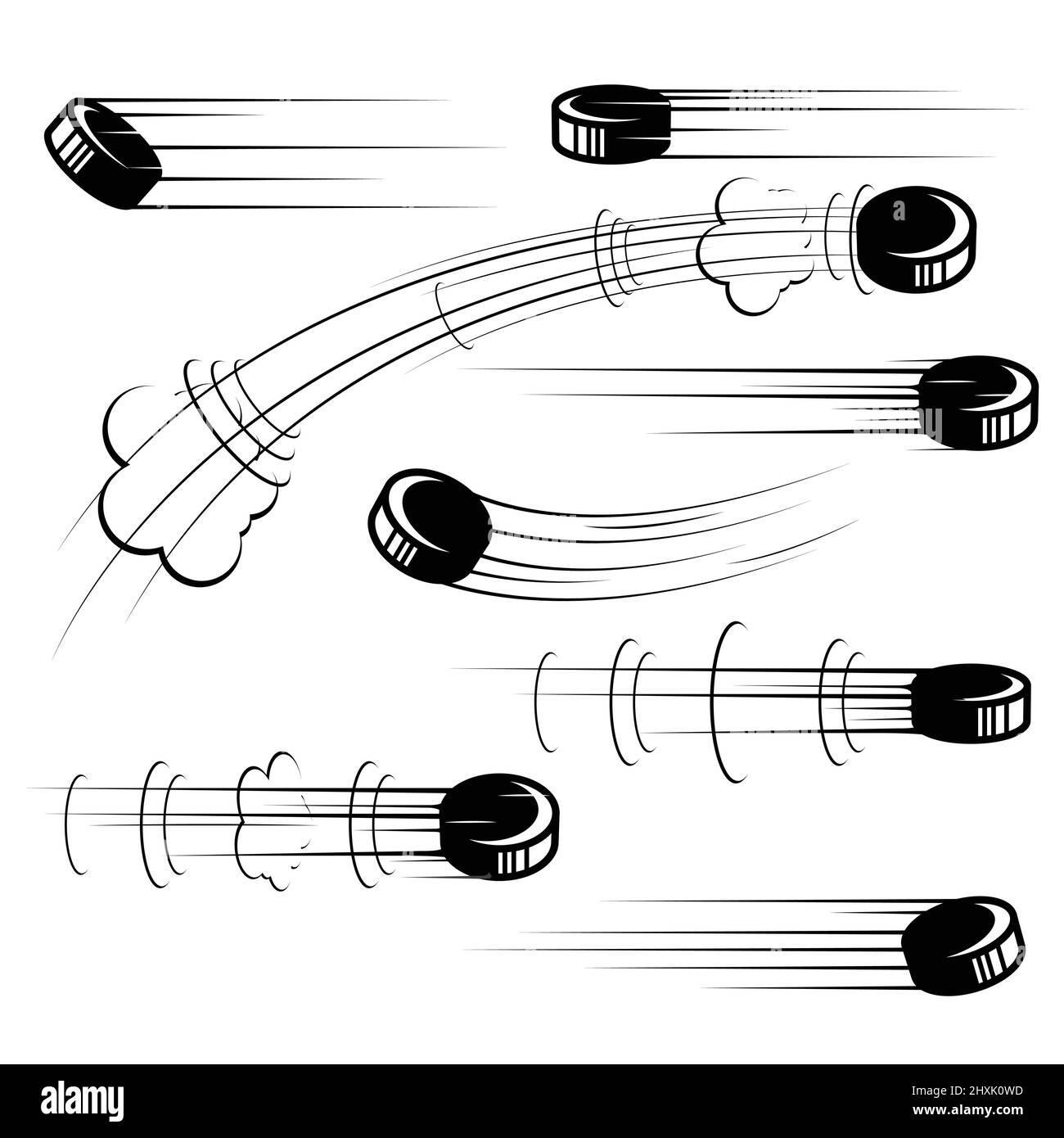 Ensemble de rondelles de hockey en vol, palet de hockey sur glace avec pistes de mouvement, marquer un but, vecteur Illustration de Vecteur