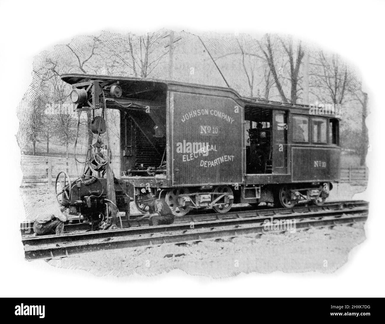 Une voiture de soudage électrique appartenant à la compagnie Johnson. Photographie en noir et blanc prise vers 1890s Banque D'Images
