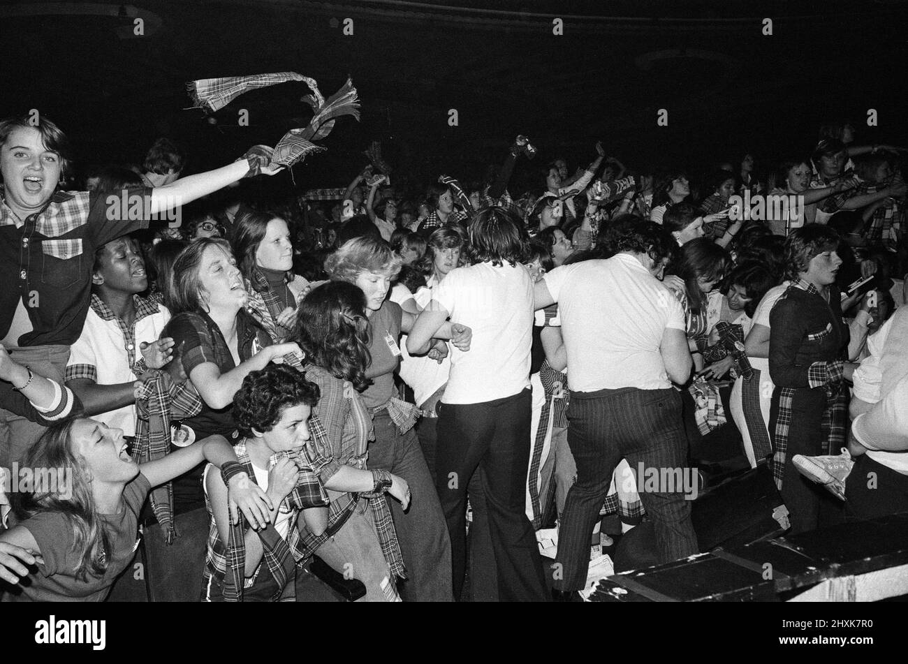 Des fans hystériques assistent à un concert Bay City Rollers à Victoria, Londres. Les adolescents criants ont causé des milliers de livres de dégâts et le spectacle a dû être arrêté deux fois quand les fans ont grimpé en avant. 19th septembre 1976. Banque D'Images