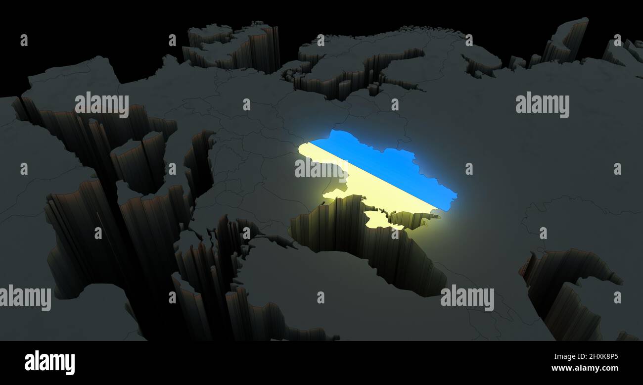 Conflit de guerre Ukraine-Russie. 3D illustration carte de l'Europe avec l'Ukraine illuminée en bleu et jaune drapeau. Concept géopolitique. Banque D'Images