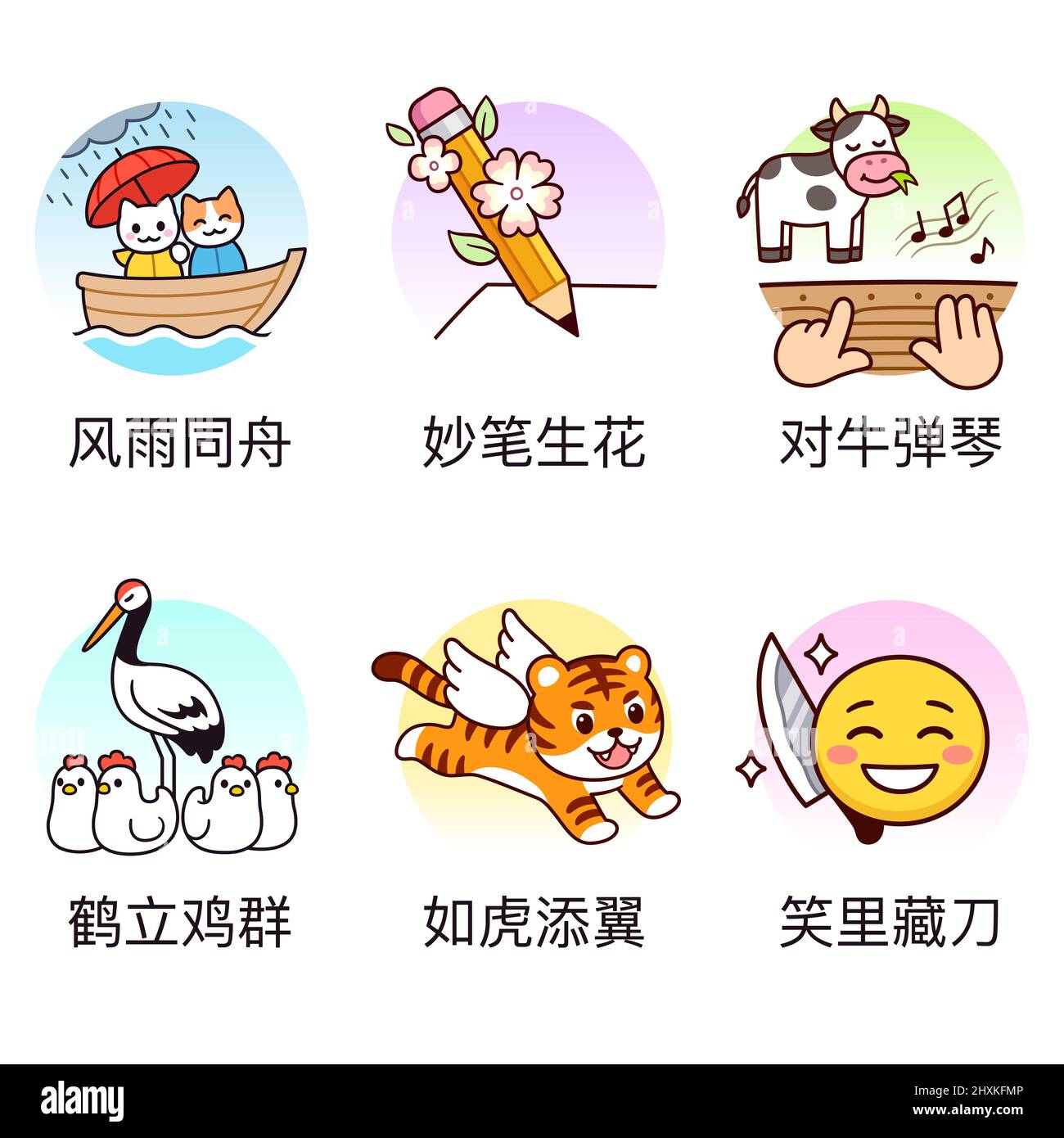 Dessin animé d'expressions de langue chinoise dans leur signification littérale. Jeu d'illustrations vectorielles amusantes. Illustration de Vecteur