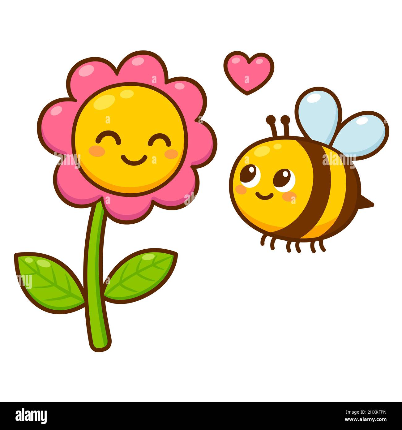 Mignon dessin animé abeille et fleur dans l'amour. Dessin kawaii, adorable carte de vœux de Saint Valentin. Illustration de clip art vectoriel isolée. Illustration de Vecteur