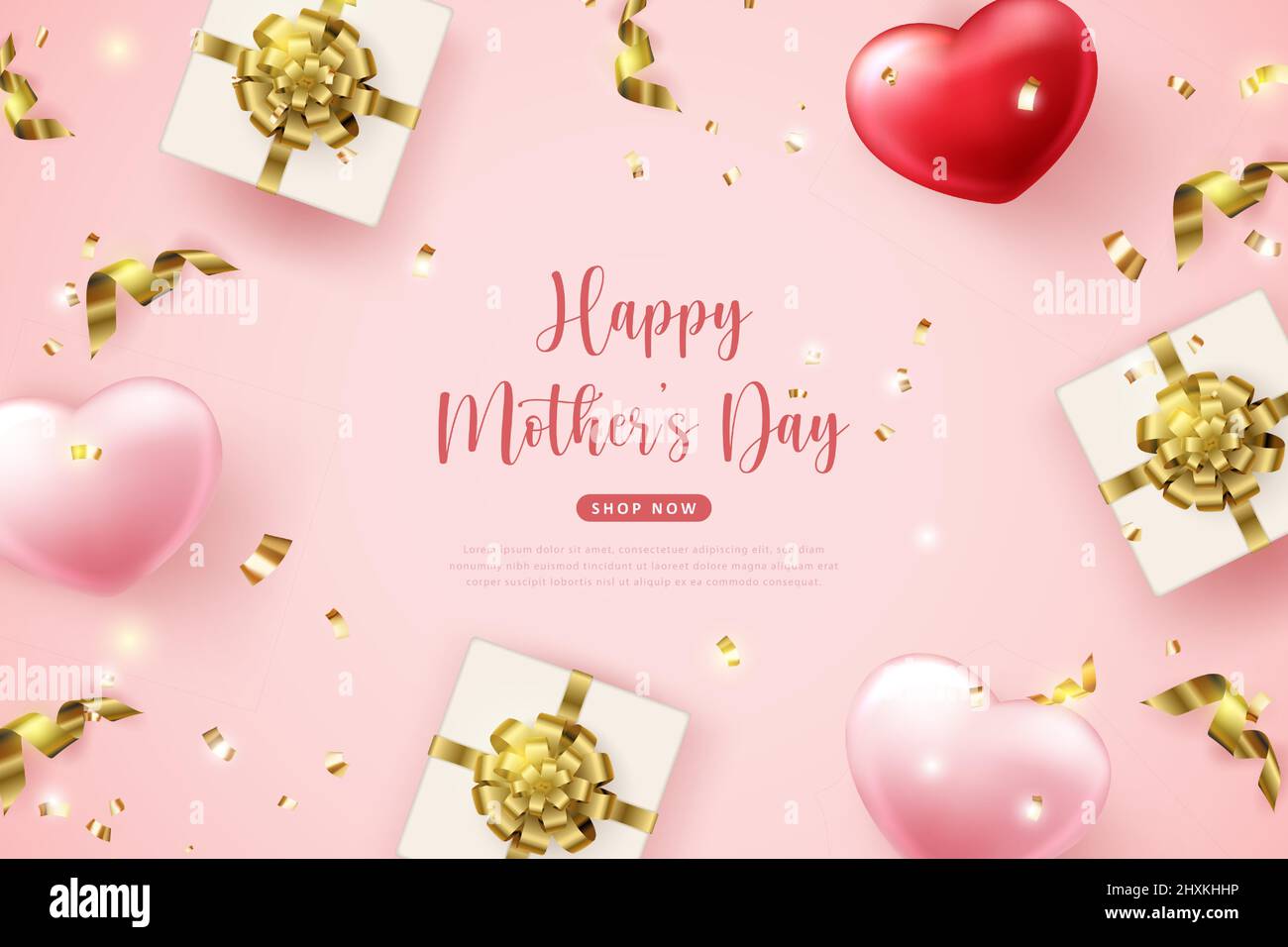 Joyeux fête des mères rouge rose amour coeur et cadeau boîte cadeau avec fleur de ruban dorée Illustration de Vecteur
