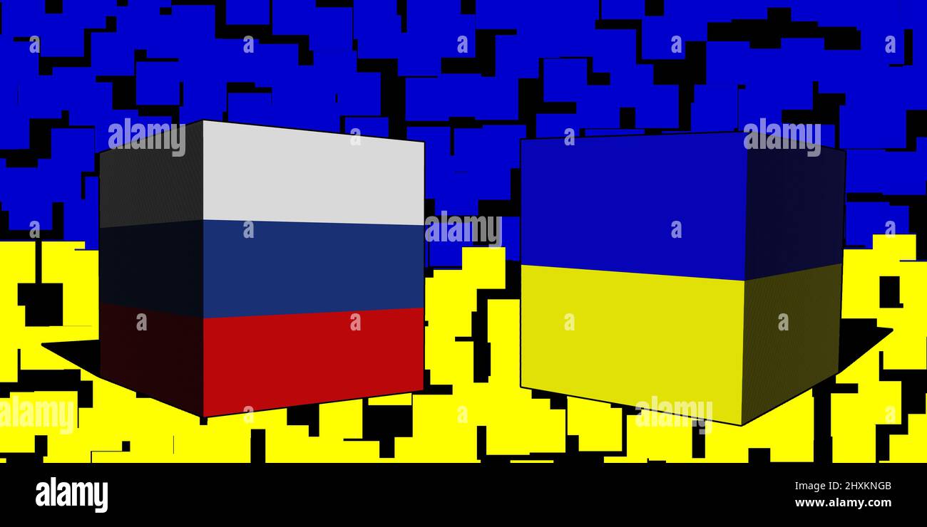 Ukraine Russie. Conflit entre la Russie et l'Ukraine concept de guerre. Arrière-plan du drapeau de l'Ukraine. Ukraine et Russie 3D cubes. Conception horizontale. Illustration Banque D'Images