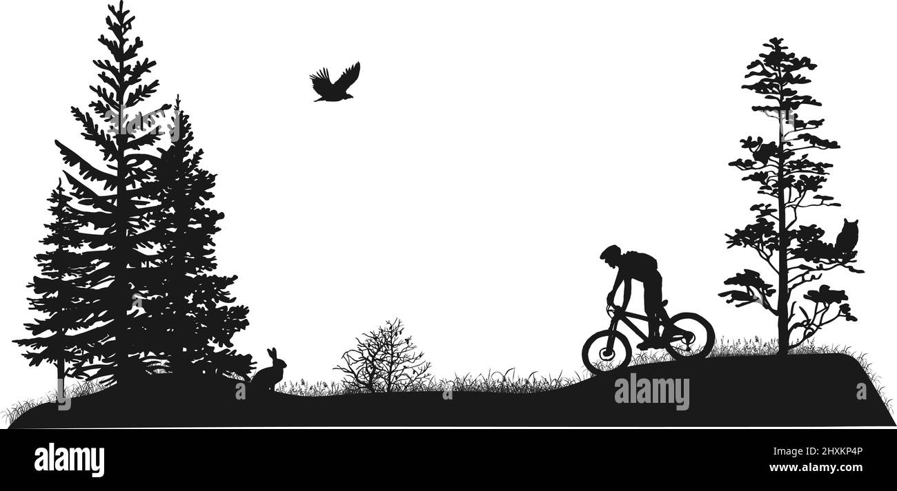 Ensemble de silhouettes. Mountain bike rider, tress, oiseau de proie, hibou, lièvre. Illustration paysage noir et blanc. Illustration de Vecteur