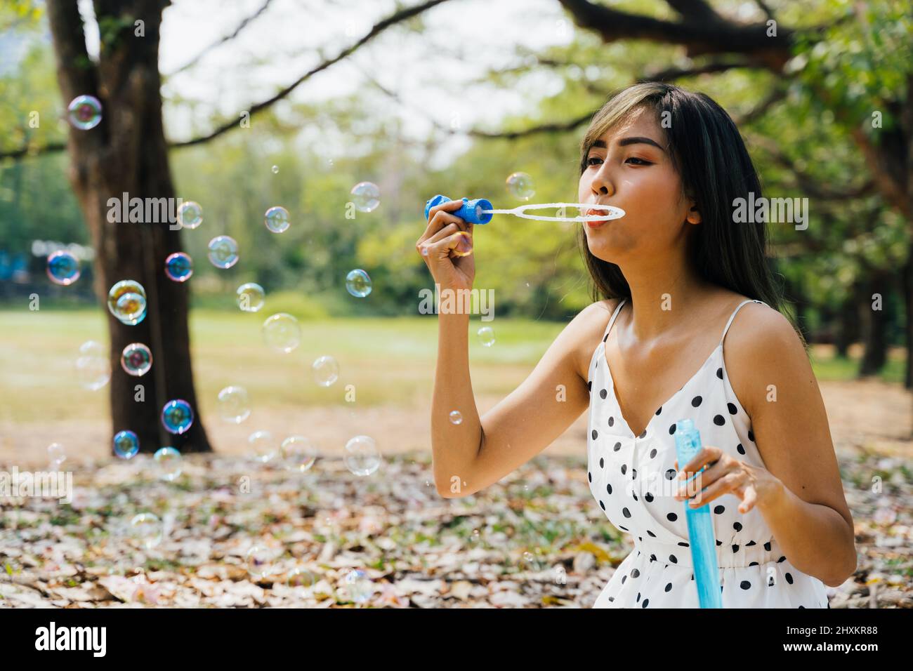 Asie du Sud-est ethnique 20s femme souffle de l'air bulles dans le parc jeune fille heureuse porte une robe élégante avec des arbres en arrière-plan. Activités extérieures le week-end d'été - avec espace de copie Banque D'Images
