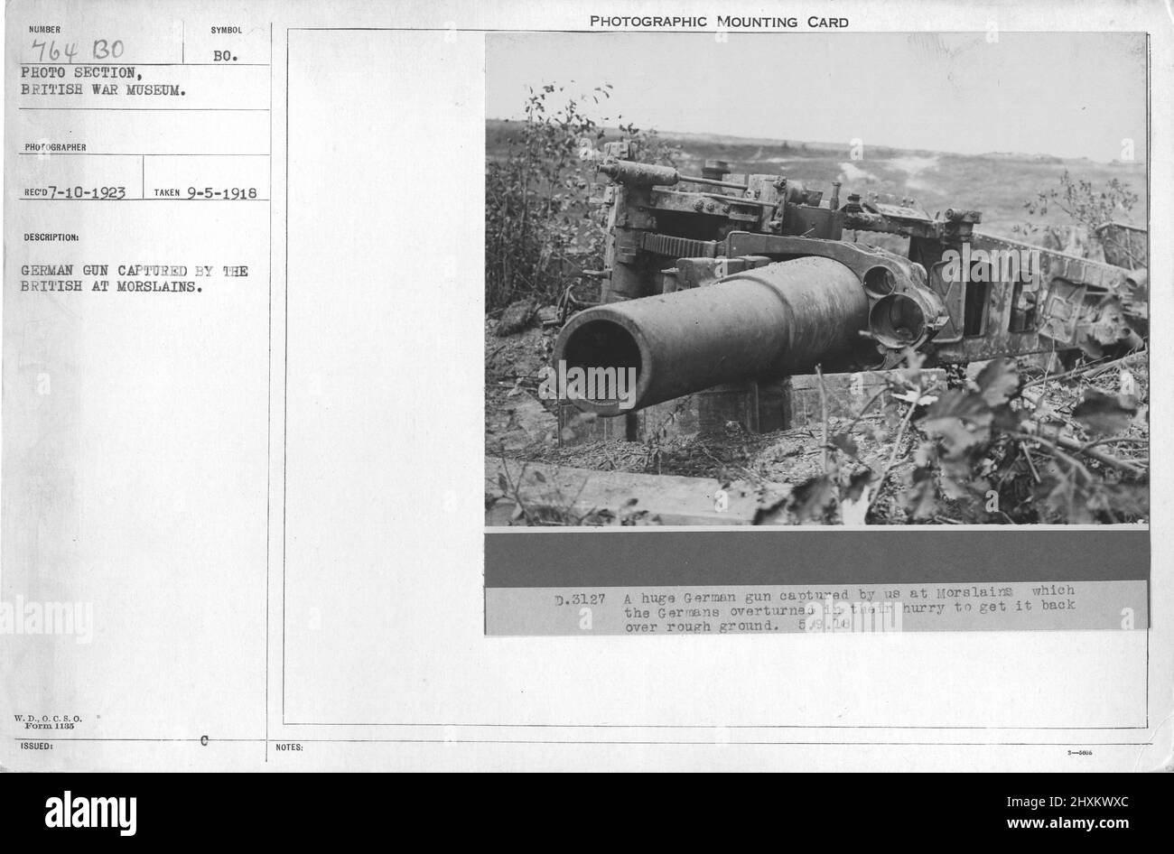 Arme allemande capturée par les Britanniques à Morslains. 9-5-1918. Collection de photographies de la première Guerre mondiale, 1914-1918 qui décrivent les activités militaires des forces armées et du personnel britanniques et d'autres nations pendant la première Guerre mondiale Banque D'Images