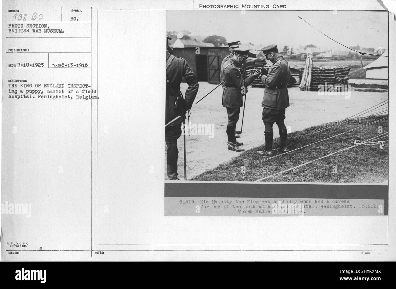 Le roi d'Angleterre inspectant un chiot, mascotte d'un hôpital de campagne. Reninghelst, Belgique. 8-13-1916. Collection de photographies de la première Guerre mondiale, 1914-1918 qui décrivent les activités militaires des forces armées et du personnel britanniques et d'autres nations pendant la première Guerre mondiale Banque D'Images